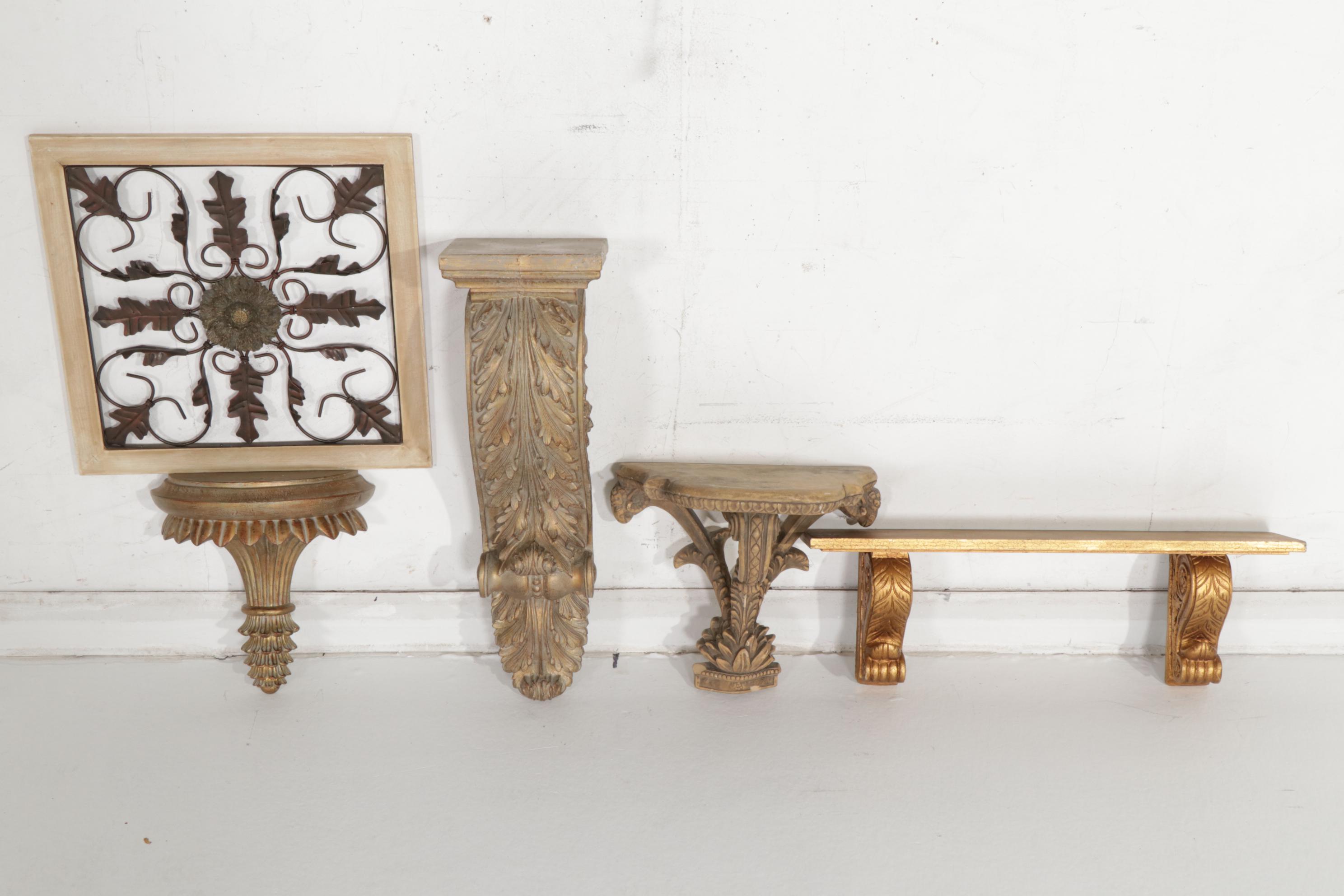 Hand-Carved Giltwood and Plaster Wooden Shelving and Corbels, Wall Decor