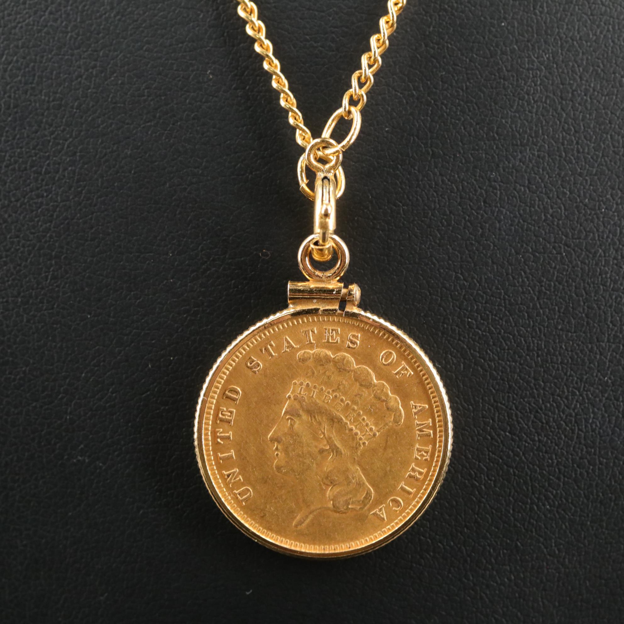 1888 United States Three Dollar Gold Coin Set in a Gold Plated Bezel and Chain