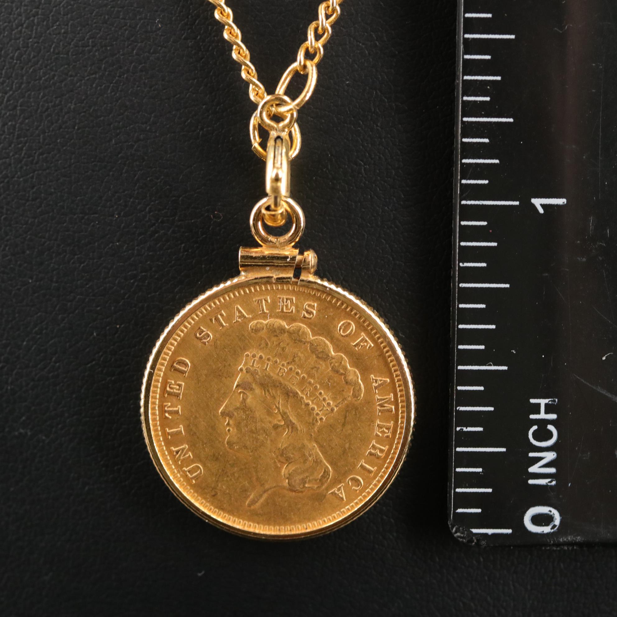 1888 United States Three Dollar Gold Coin Set in a Gold Plated Bezel and Chain