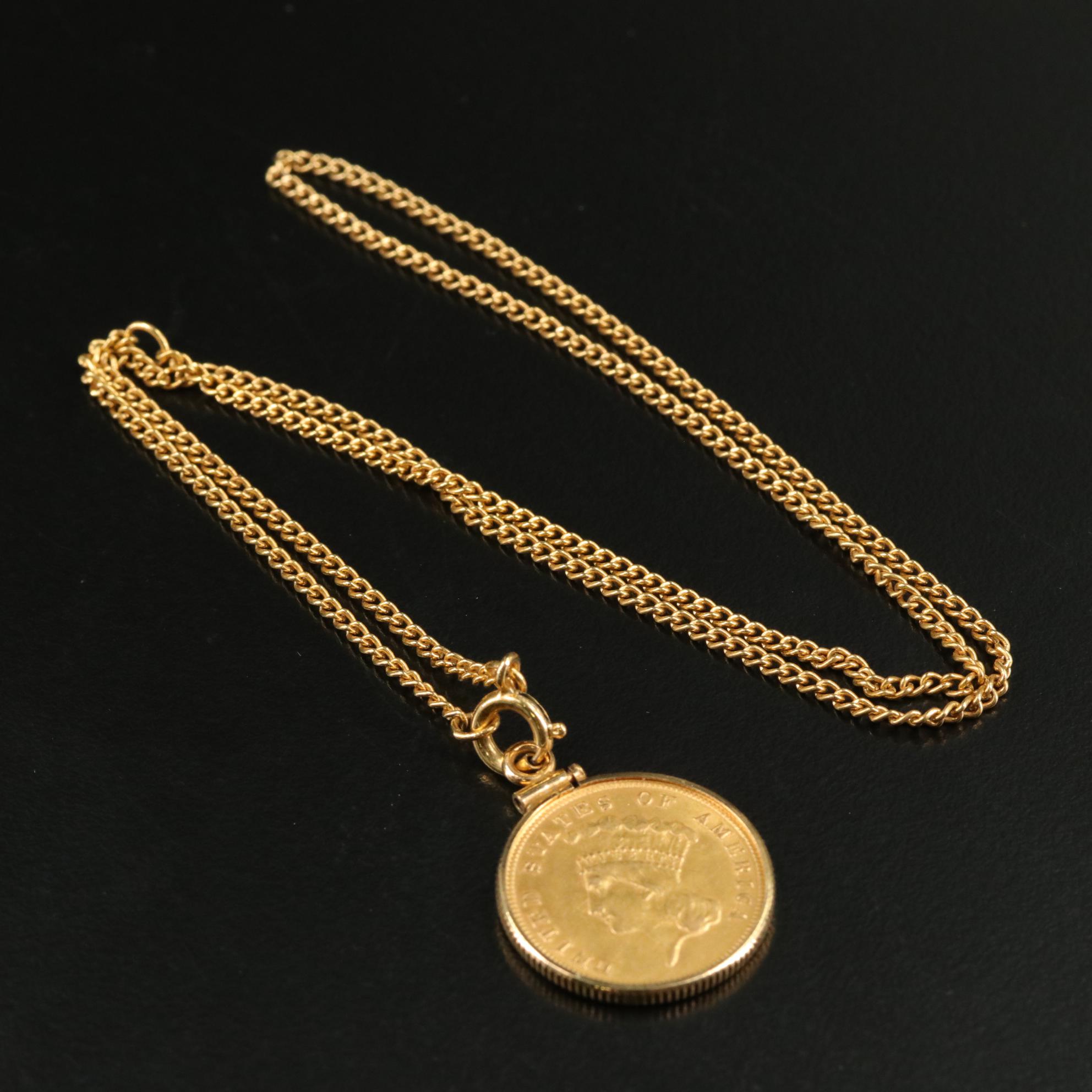 1888 United States Three Dollar Gold Coin Set in a Gold Plated Bezel and Chain