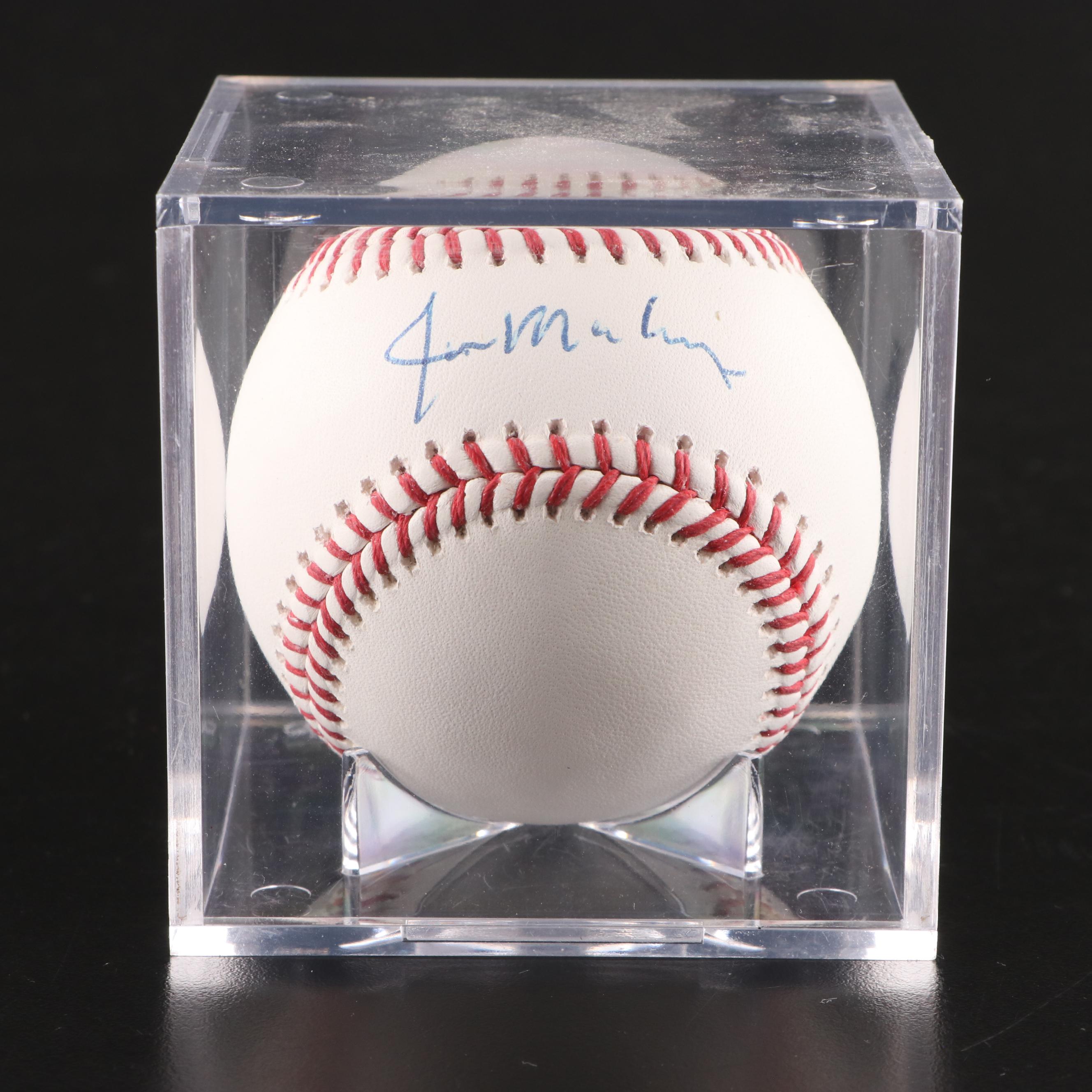 Jim Maloney, Leo Cardines, and Buddy Bell Signed Rawlings Baseballs in Displays