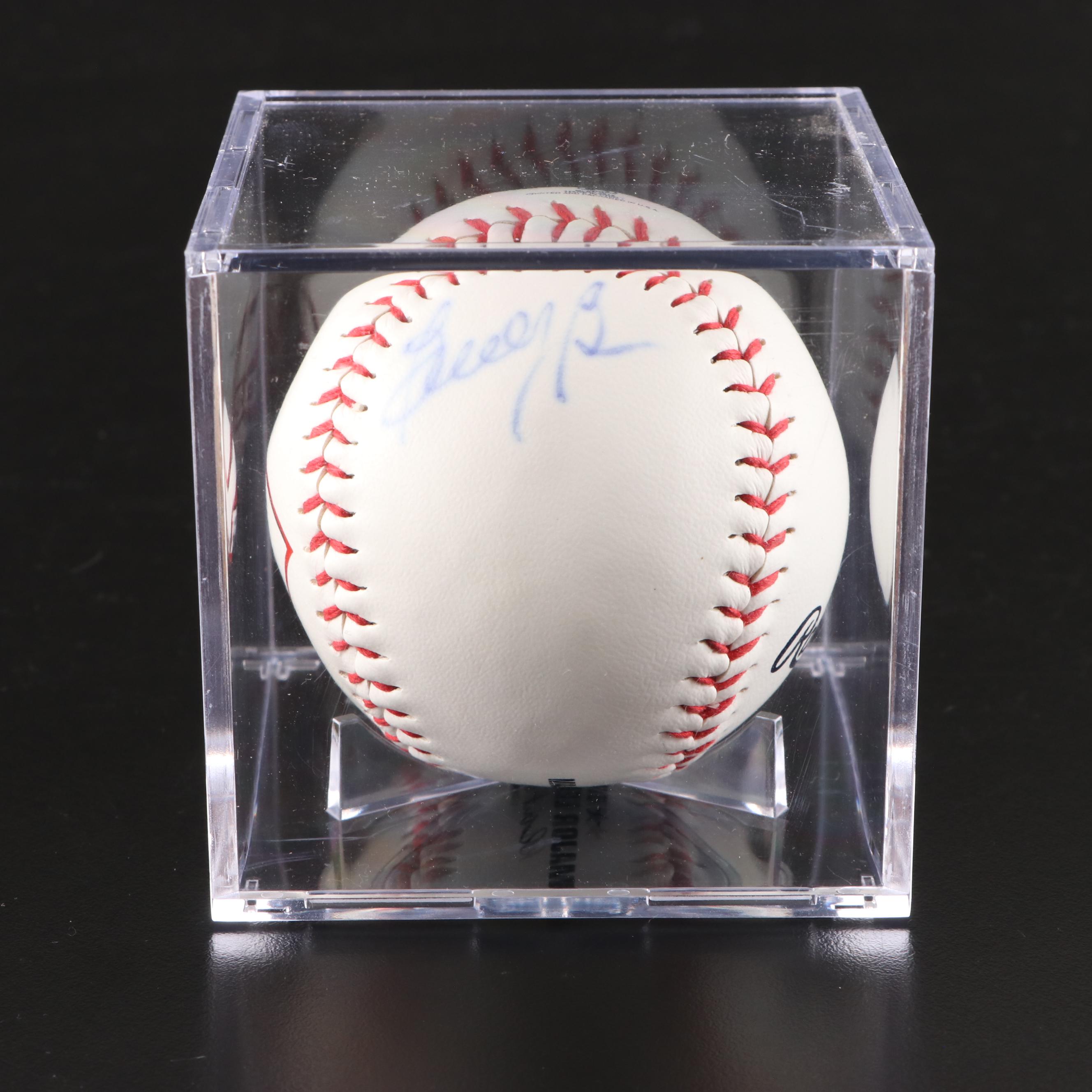 Jim Maloney, Leo Cardines, and Buddy Bell Signed Rawlings Baseballs in Displays