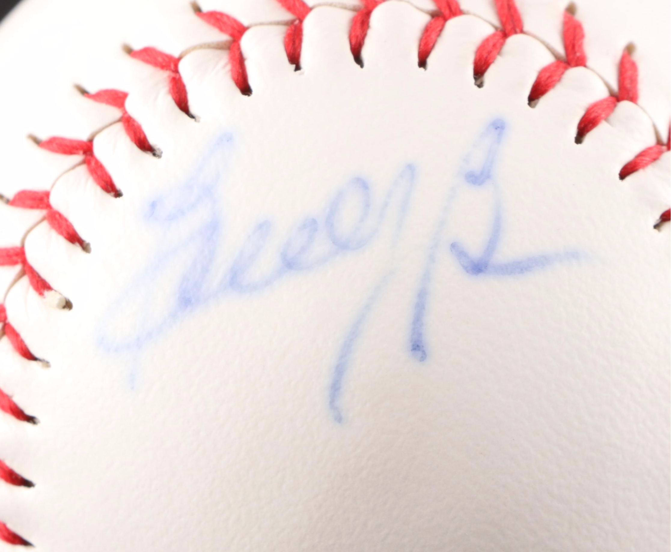 Jim Maloney, Leo Cardines, and Buddy Bell Signed Rawlings Baseballs in Displays