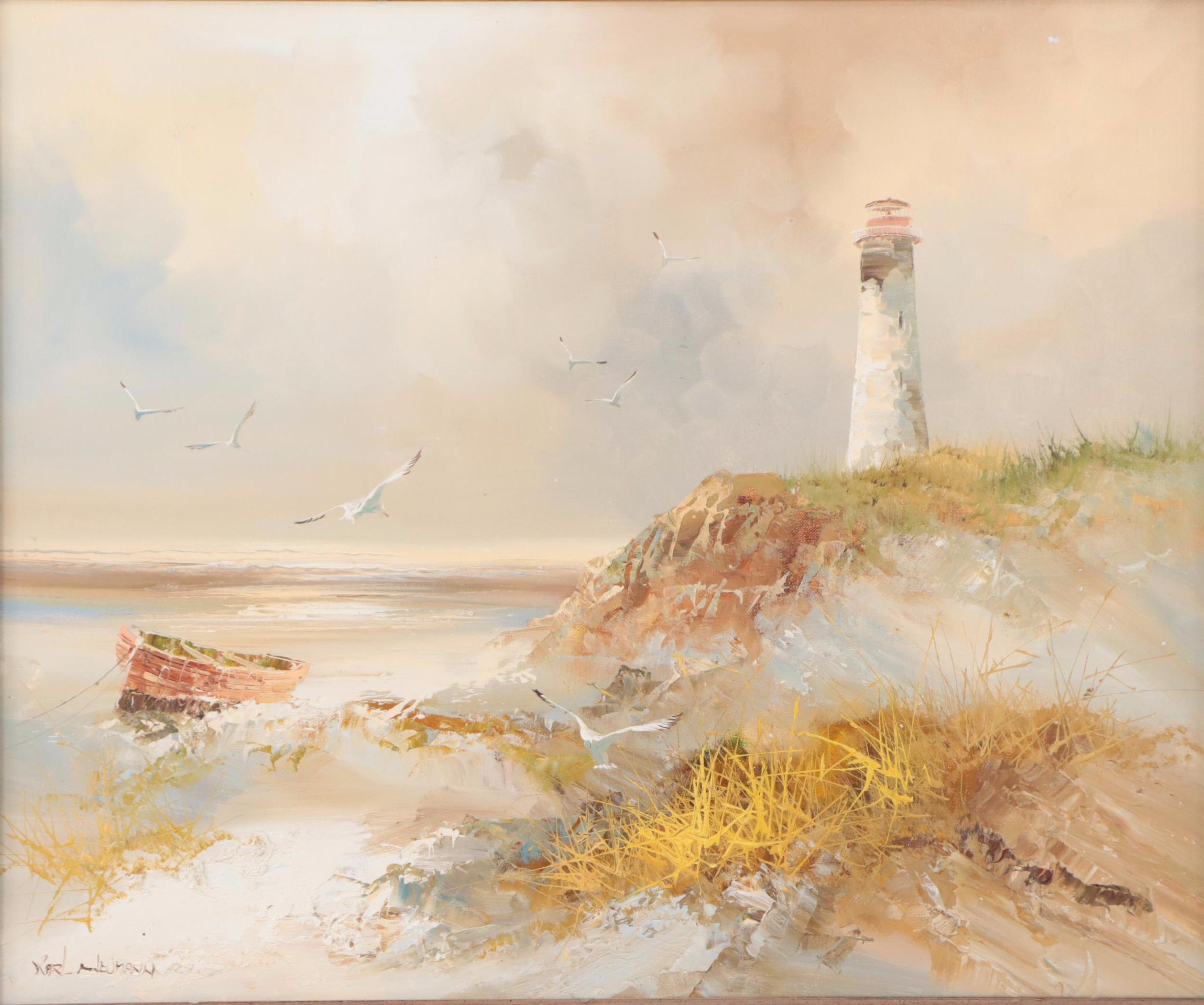 Karl Neumann Coastal Landscape Oil Painting, Circa 1980