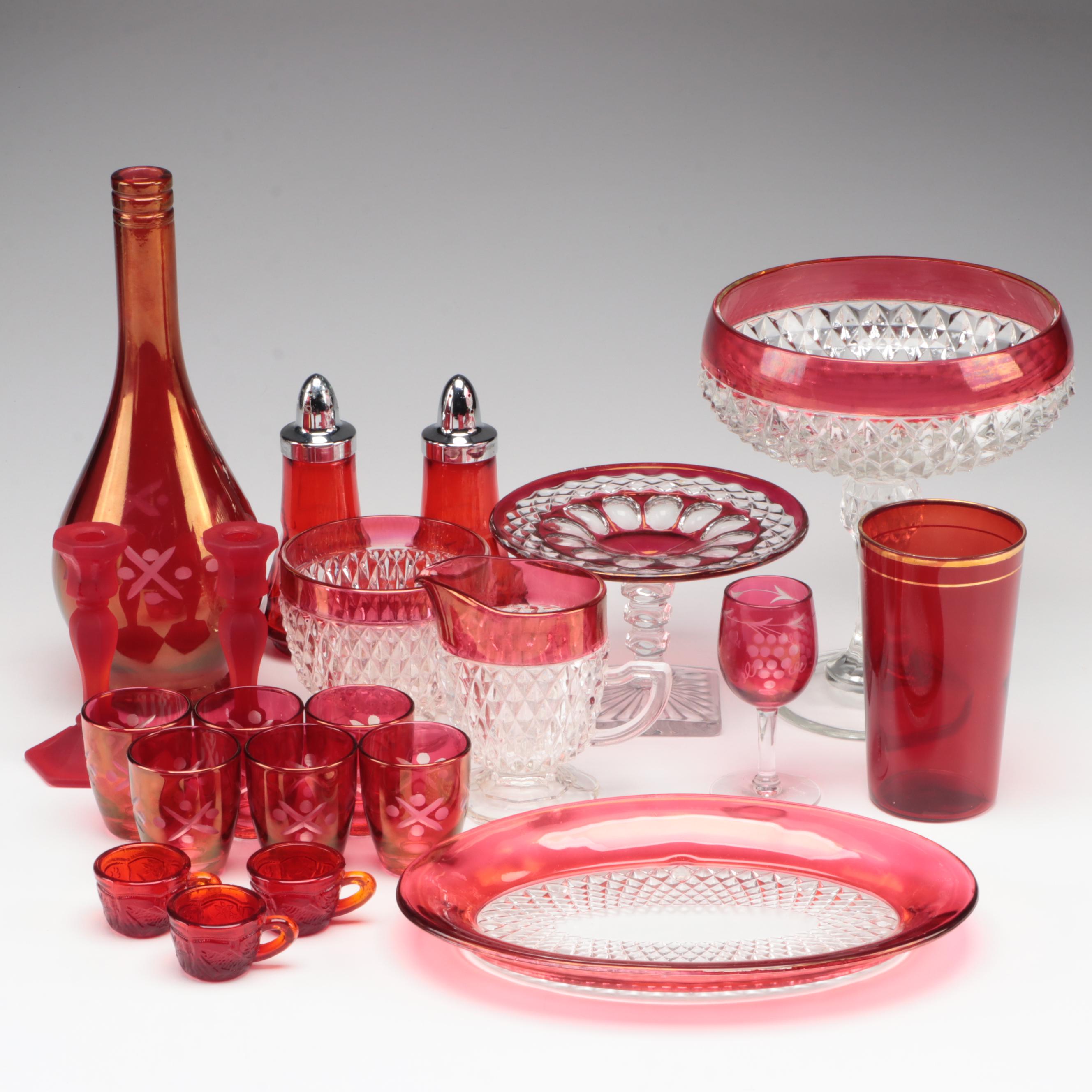 Indiana "Diamond Point" Ruby Flash Glass Compote, Creamer & Sugar, More