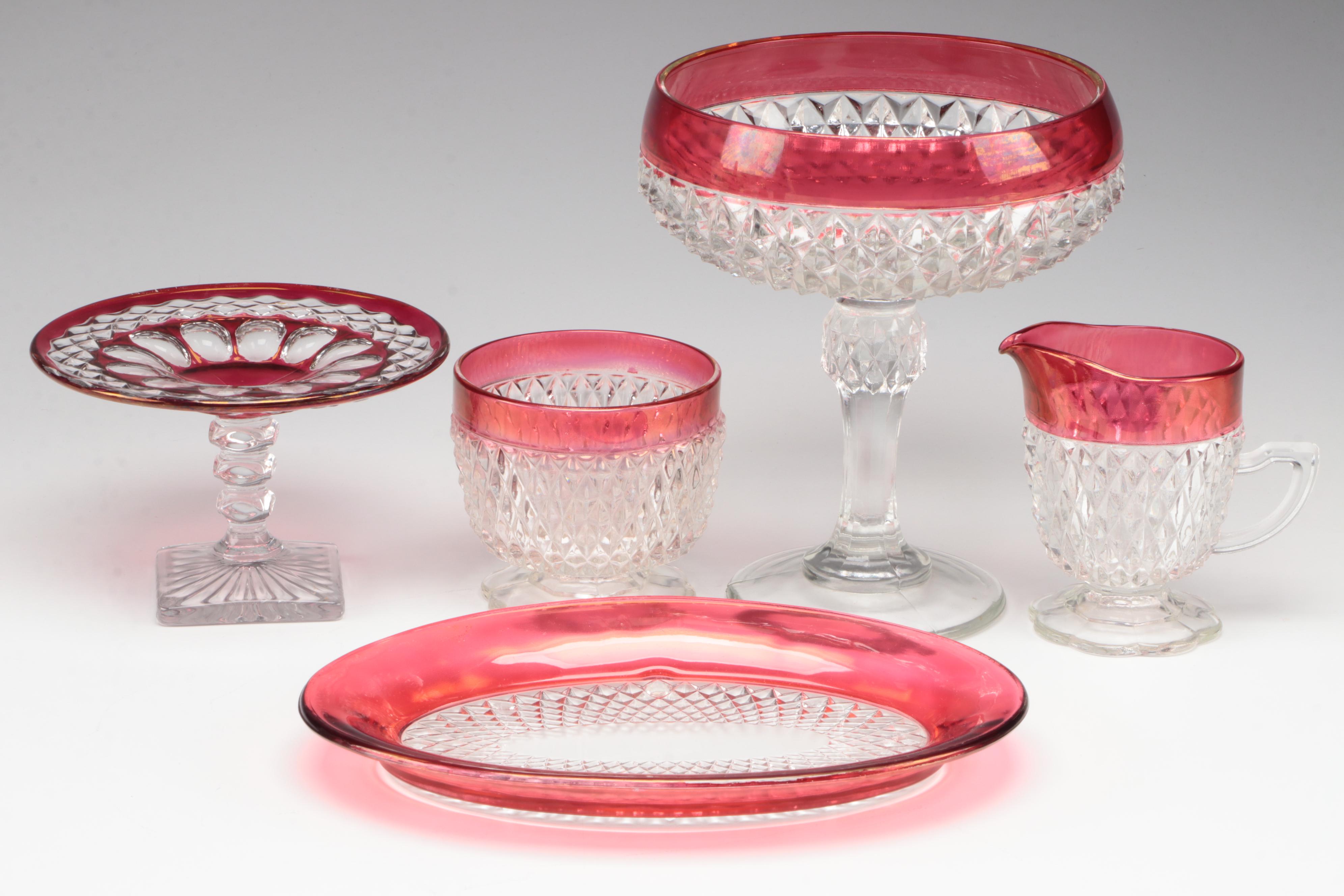 Indiana "Diamond Point" Ruby Flash Glass Compote, Creamer & Sugar, More