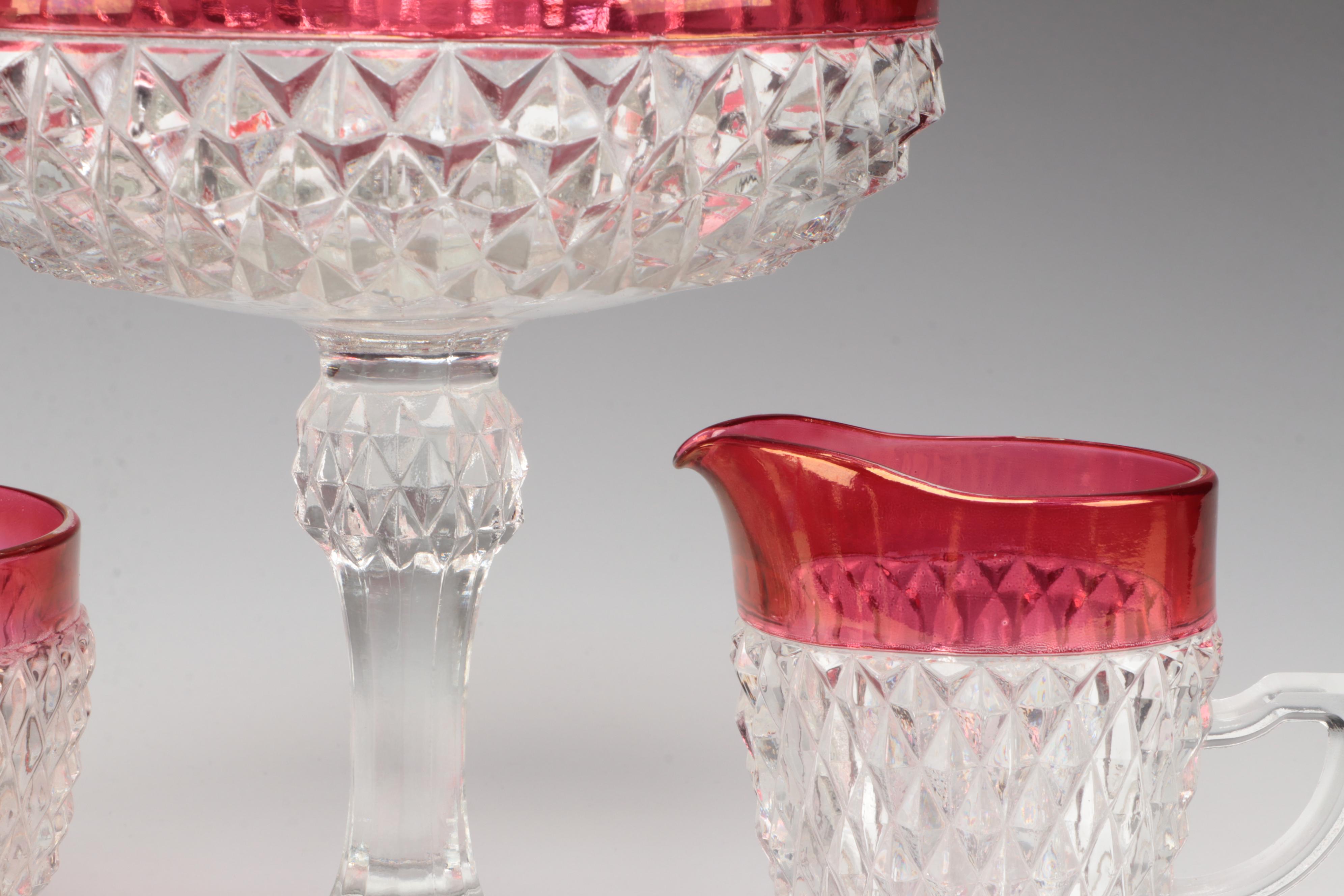 Indiana "Diamond Point" Ruby Flash Glass Compote, Creamer & Sugar, More