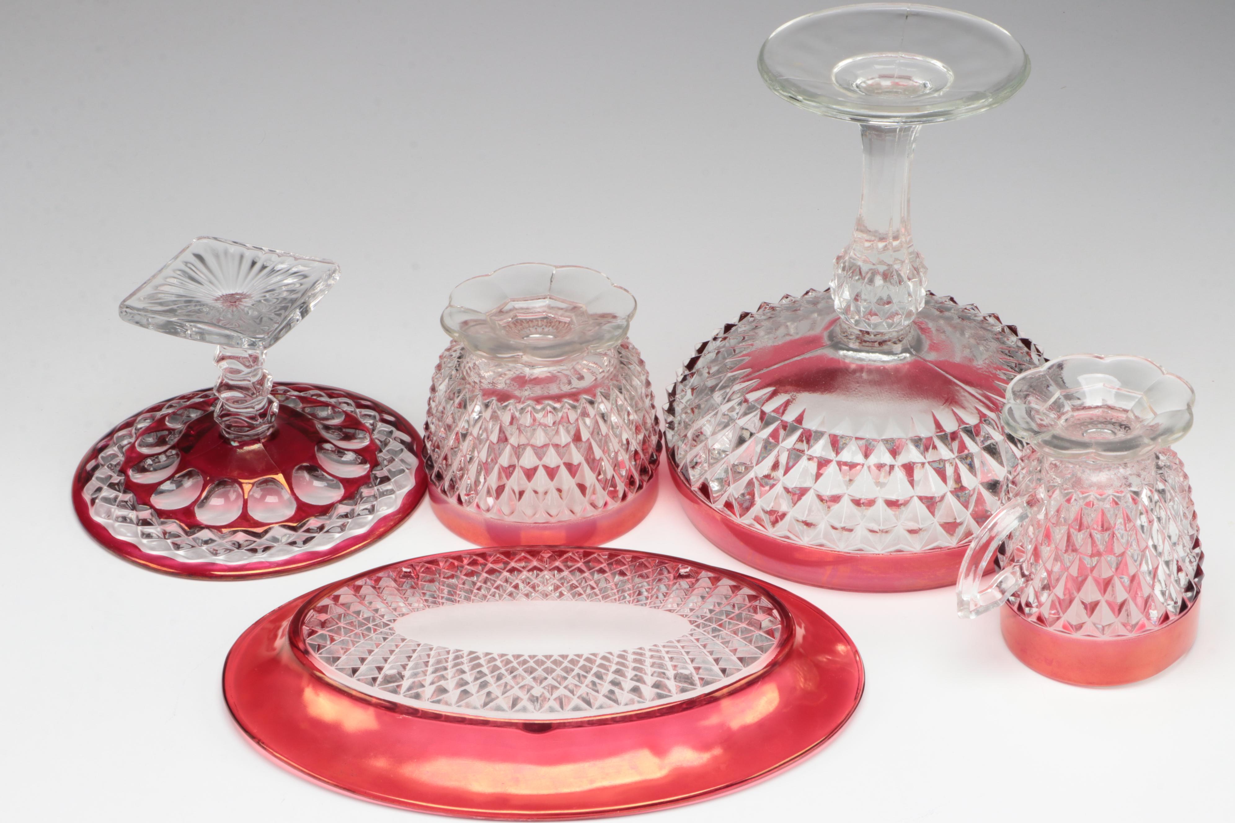 Indiana "Diamond Point" Ruby Flash Glass Compote, Creamer & Sugar, More