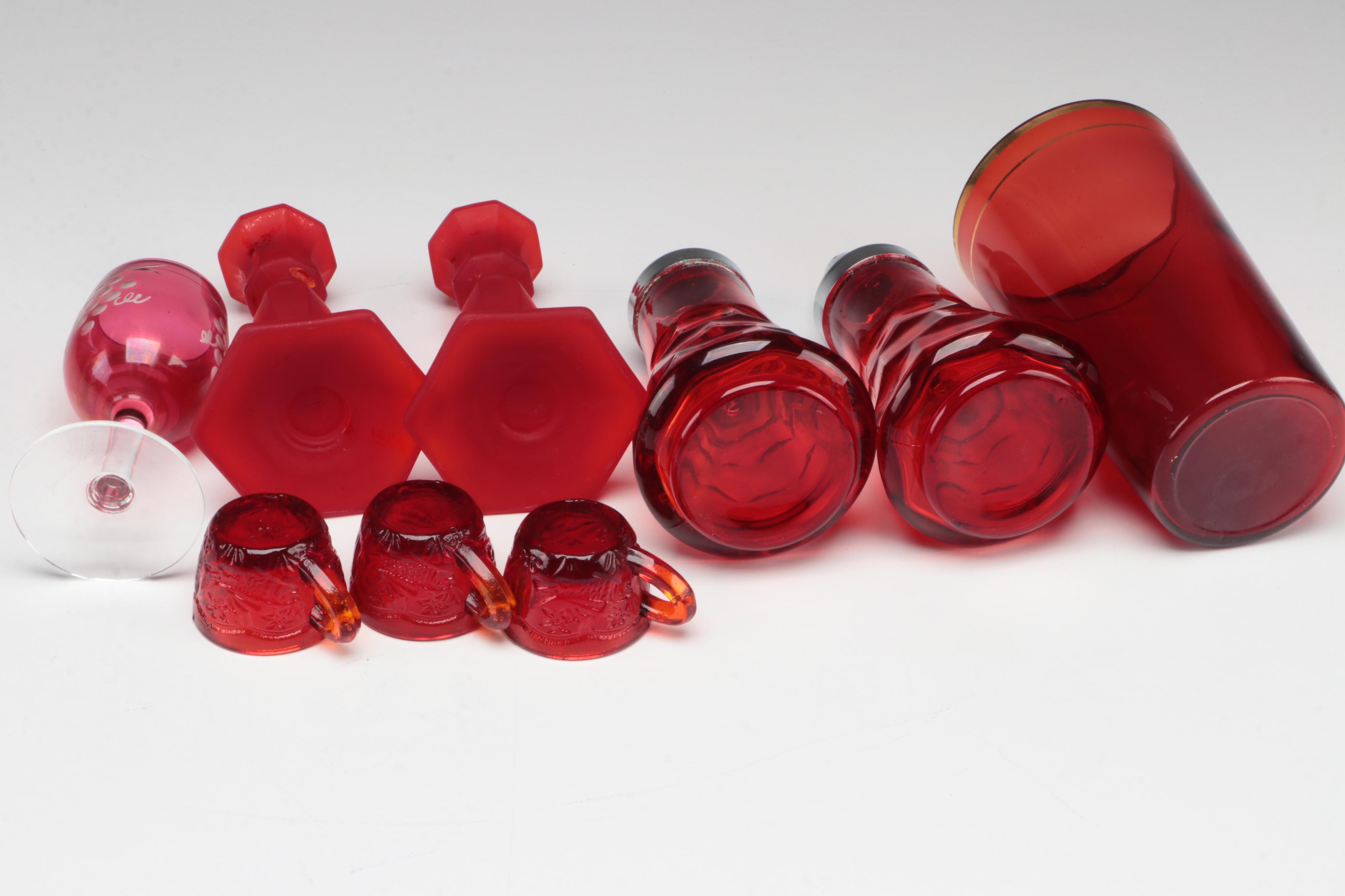 Indiana "Diamond Point" Ruby Flash Glass Compote, Creamer & Sugar, More