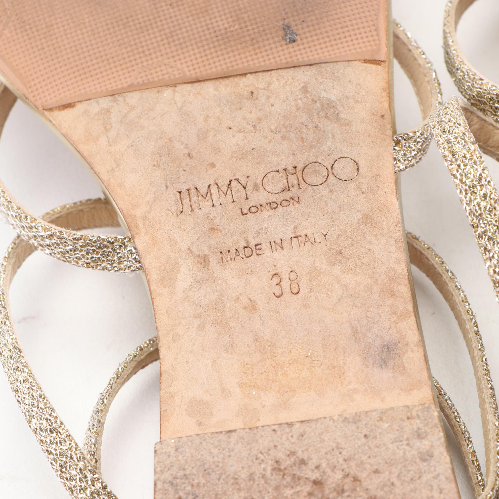 Jimmy Choo Strappy Flat Sandals in Metallic Textile and Leather