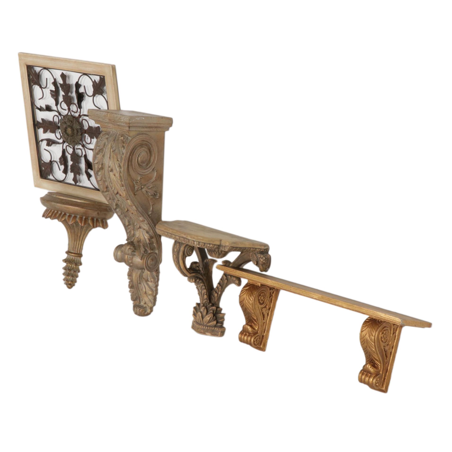 Hand-Carved Giltwood and Plaster Wooden Shelving and Corbels, Wall Decor
