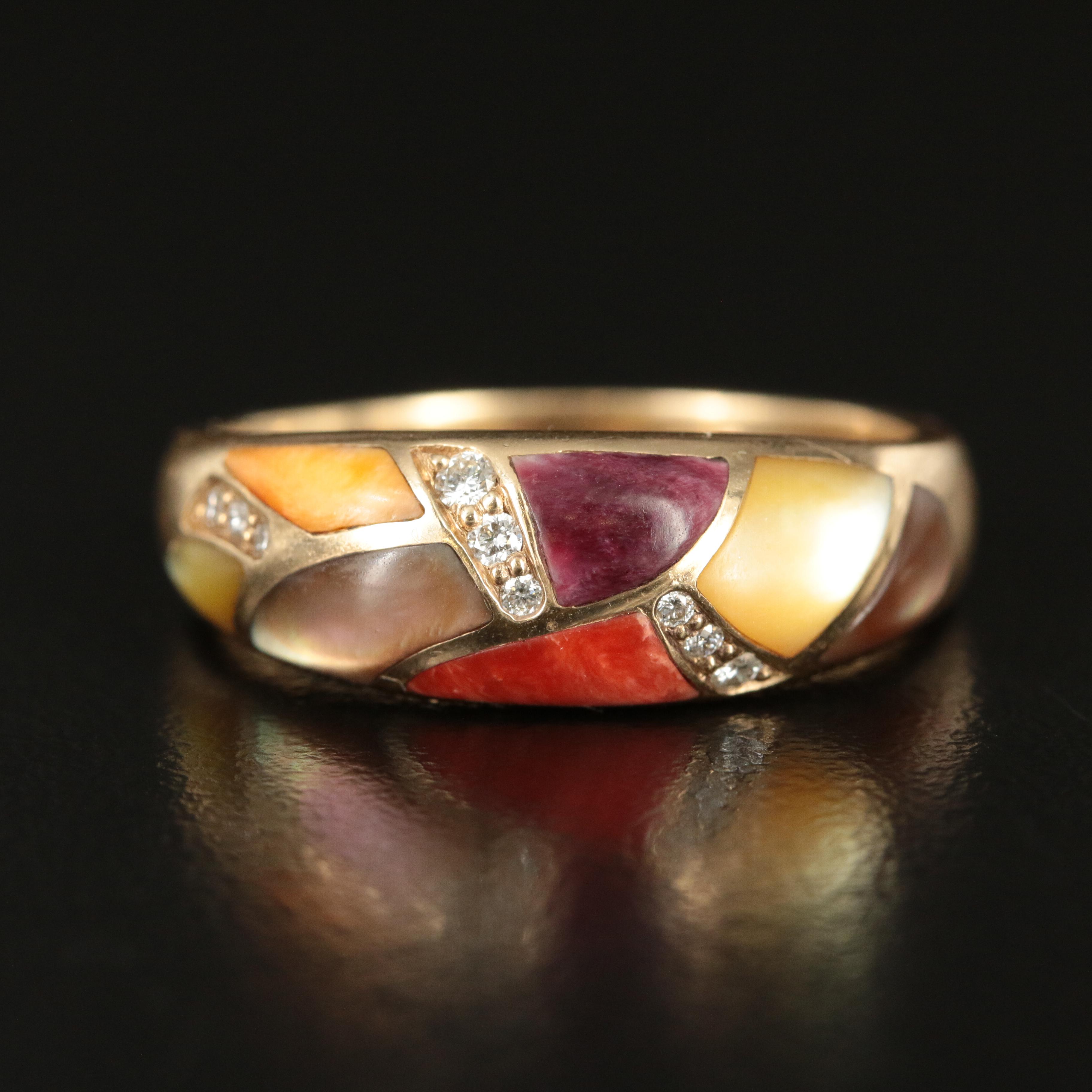 Kabana 14K Spiny Oyster Shell, Mother of Pearl and Diamond Ring