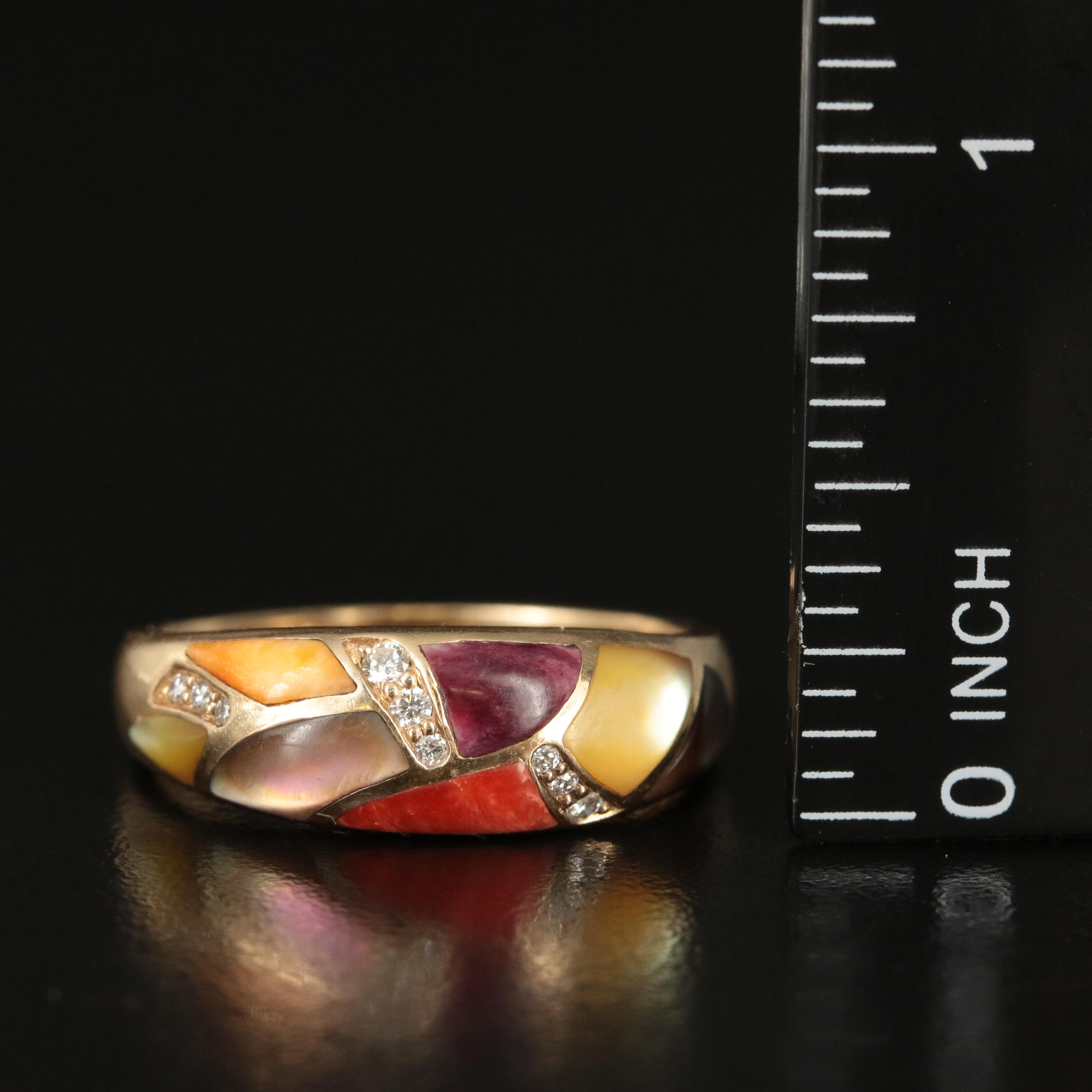 Kabana 14K Spiny Oyster Shell, Mother of Pearl and Diamond Ring