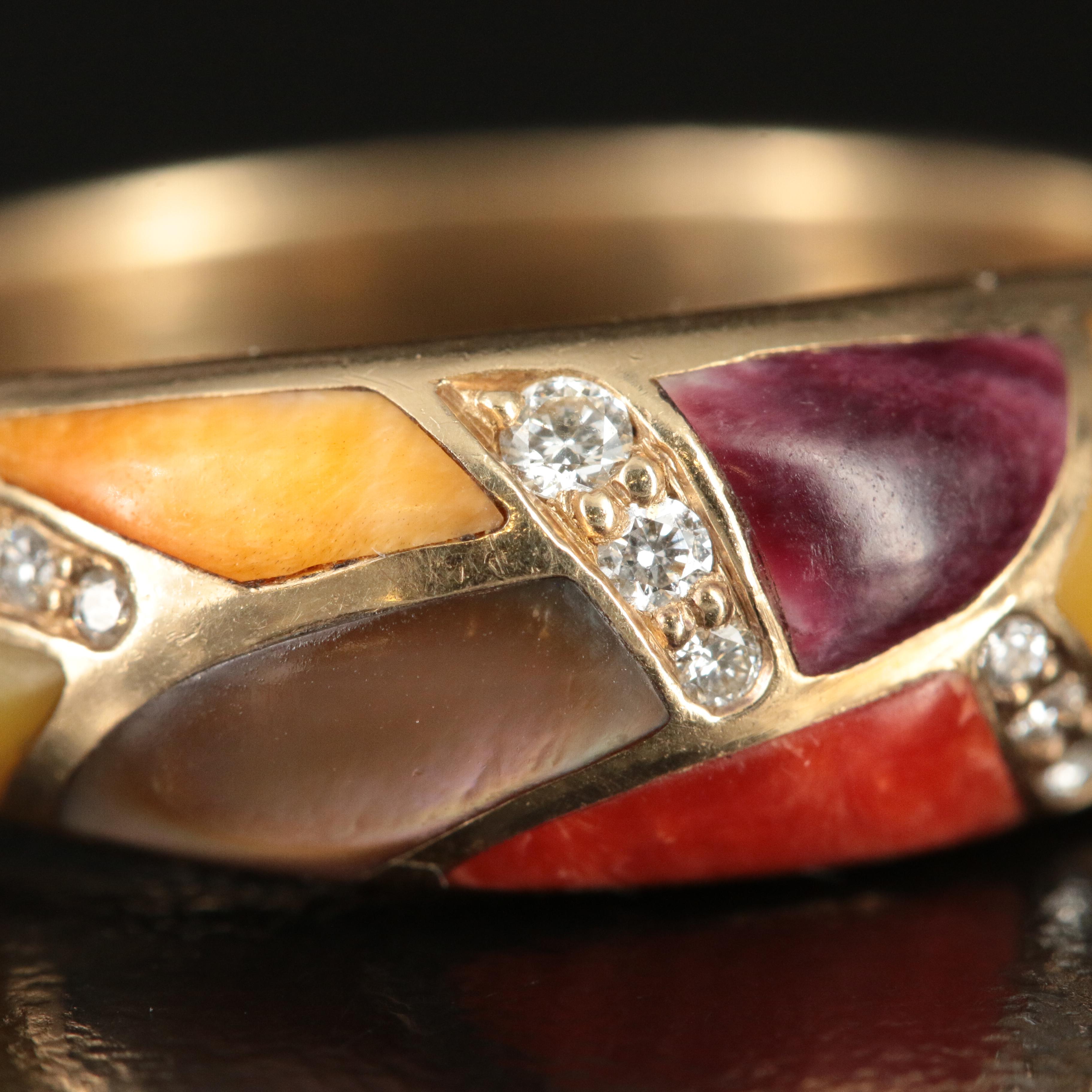 Kabana 14K Spiny Oyster Shell, Mother of Pearl and Diamond Ring