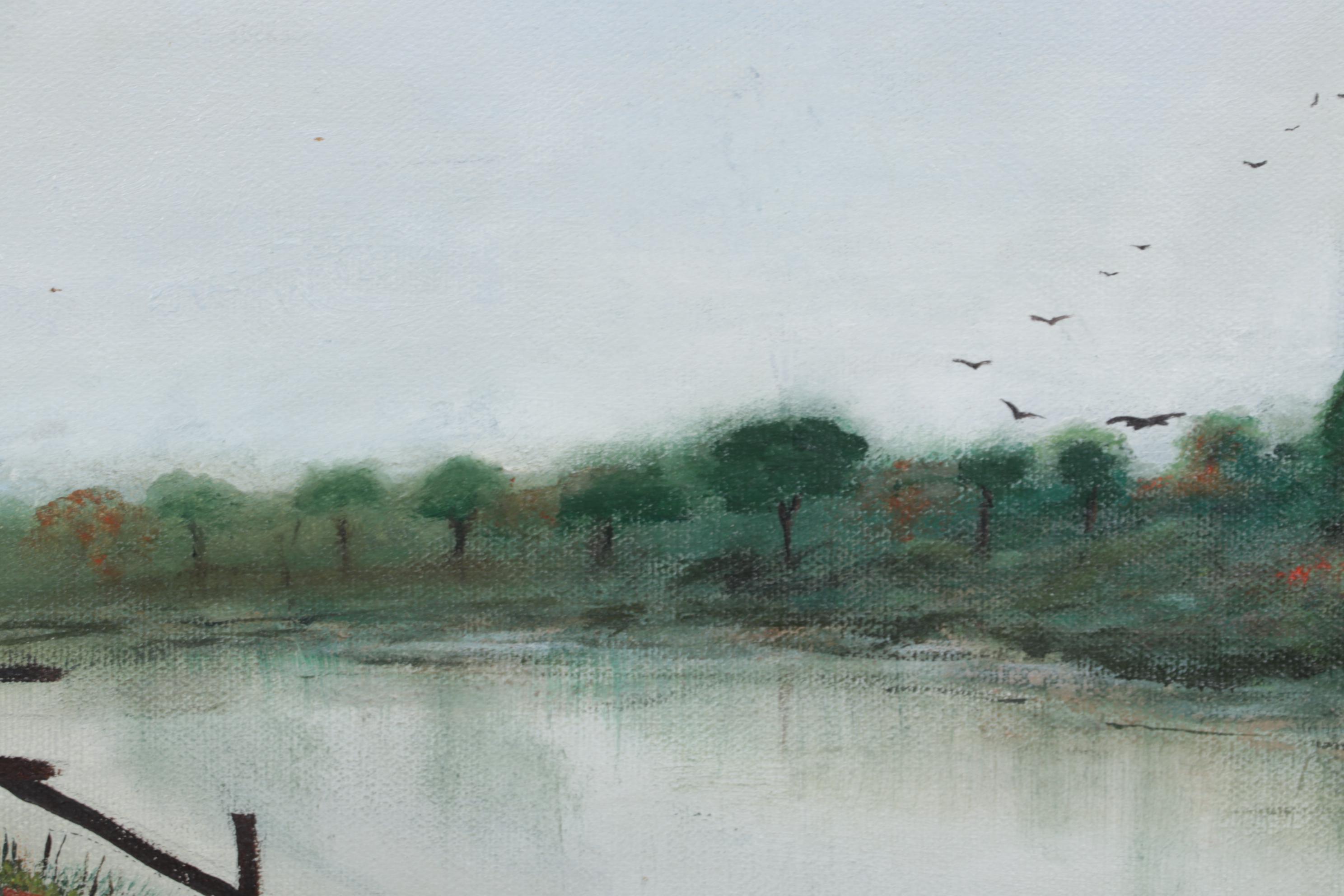 Flooded Pasture Landscape Oil Painting, 1984