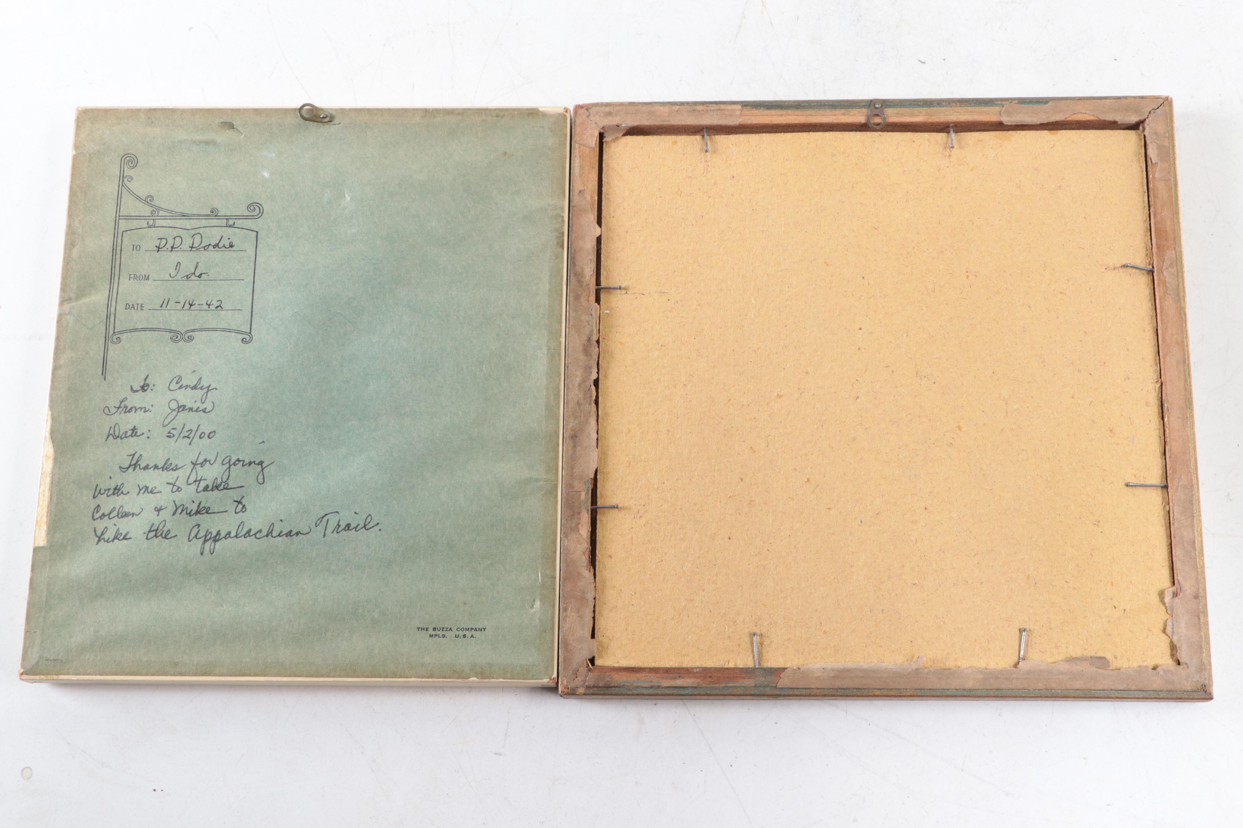 Art Deco Wood Swivel Frame Stand with N.A.N.Co. Metal Plaque and More