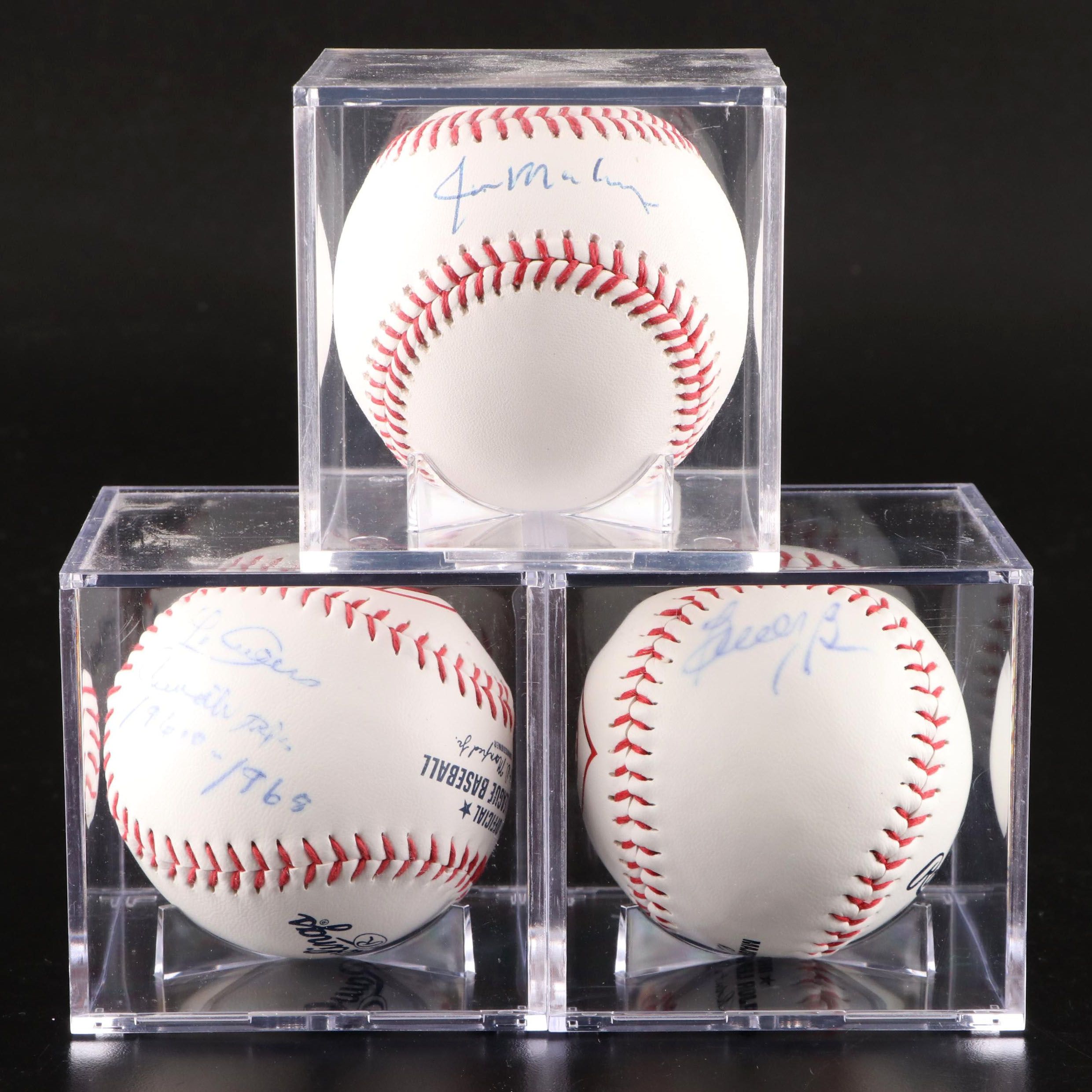 Jim Maloney, Leo Cardines, and Buddy Bell Signed Rawlings Baseballs in Displays