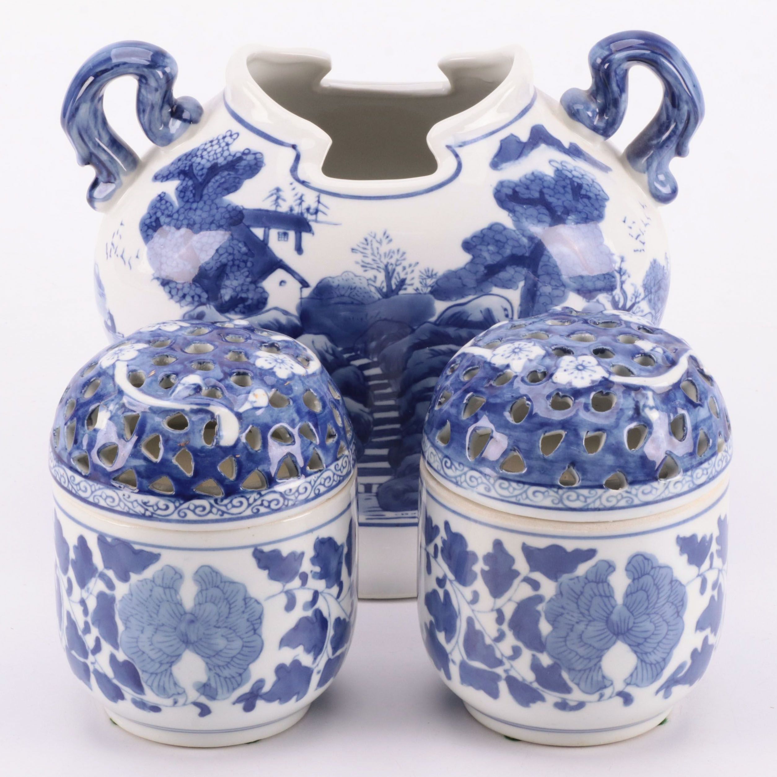 Chinese Blue and White Porcelain Candles and Vase