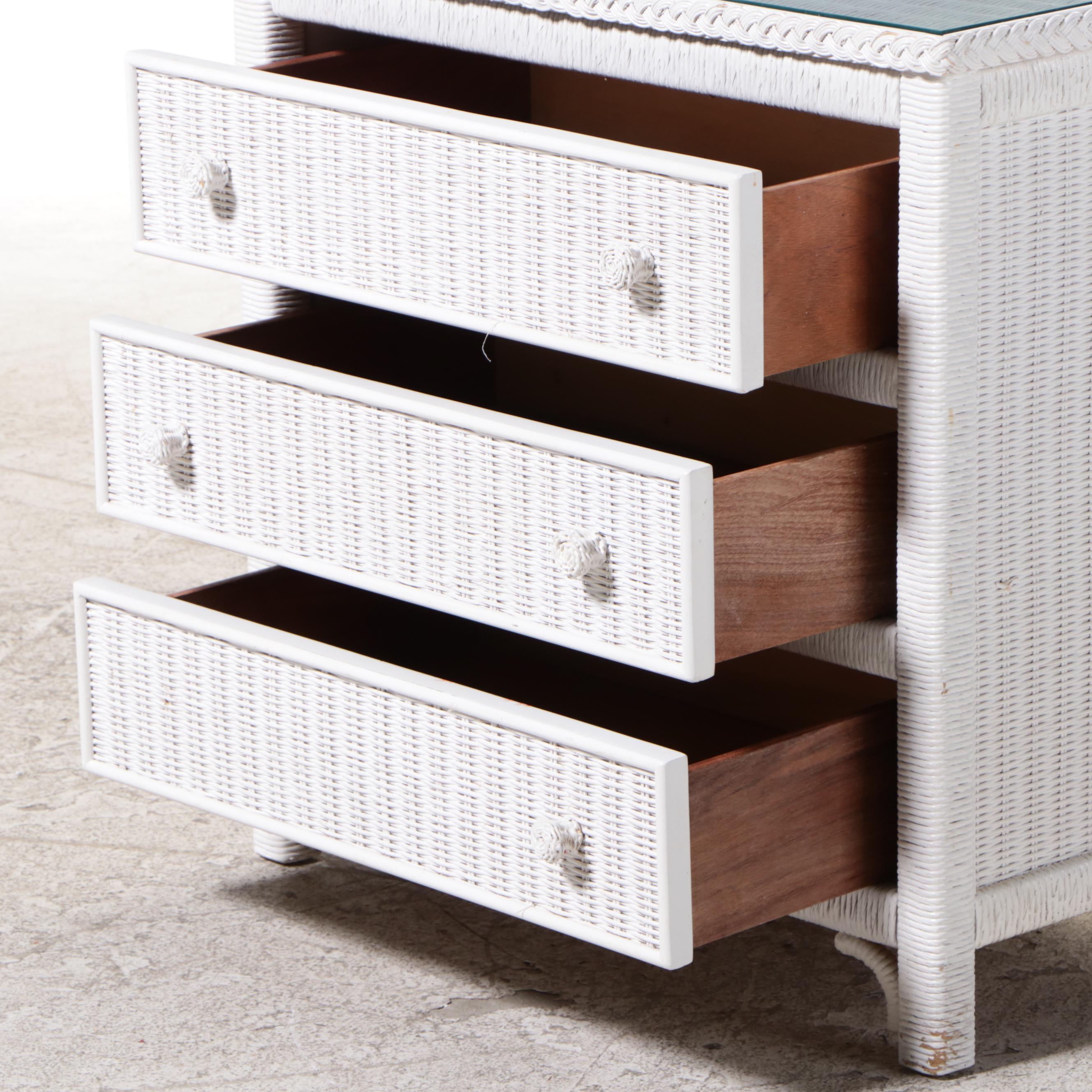 White-Painted Wicker Three-Drawer Bedside Chest, Late 20th Century