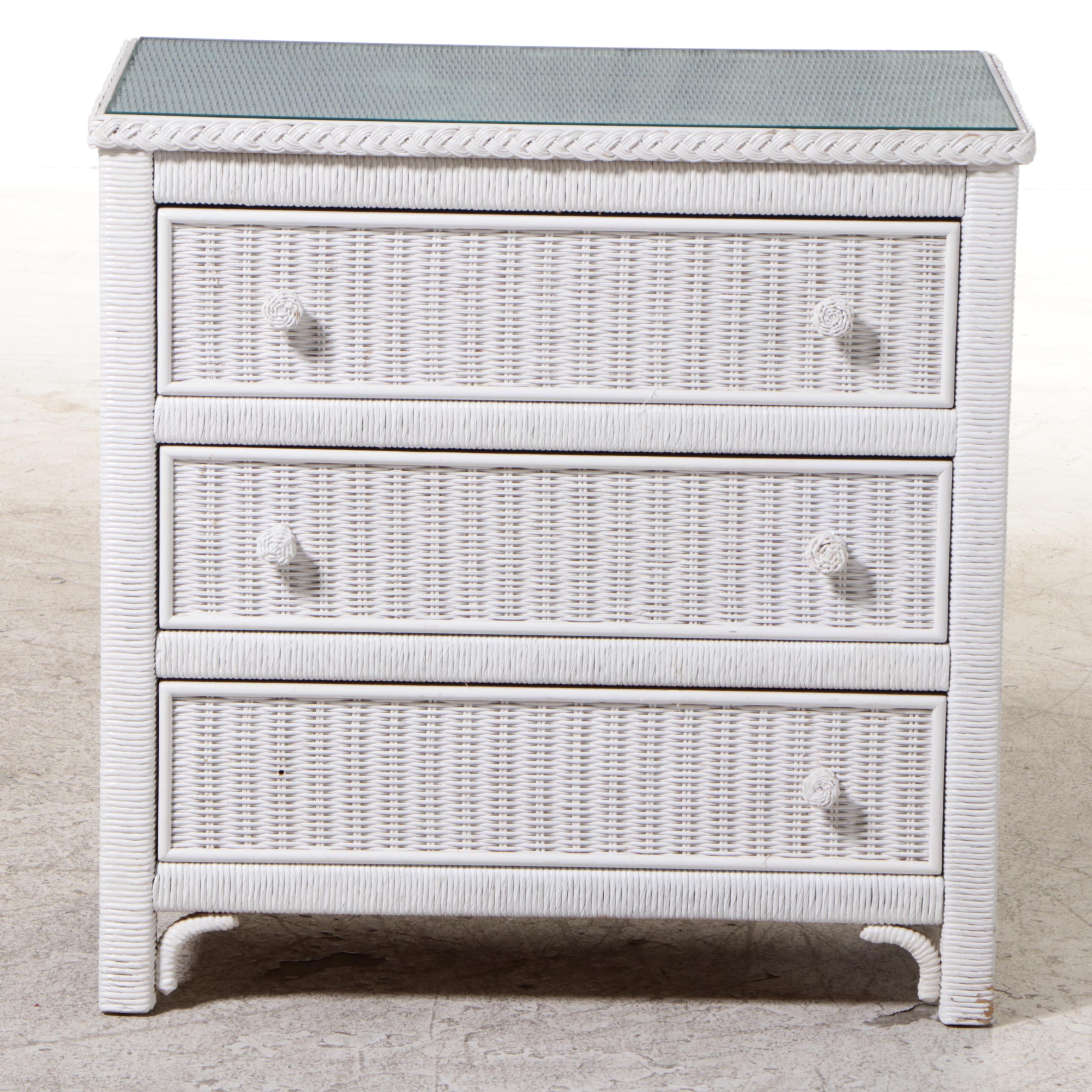 White-Painted Wicker Three-Drawer Bedside Chest, Late 20th Century