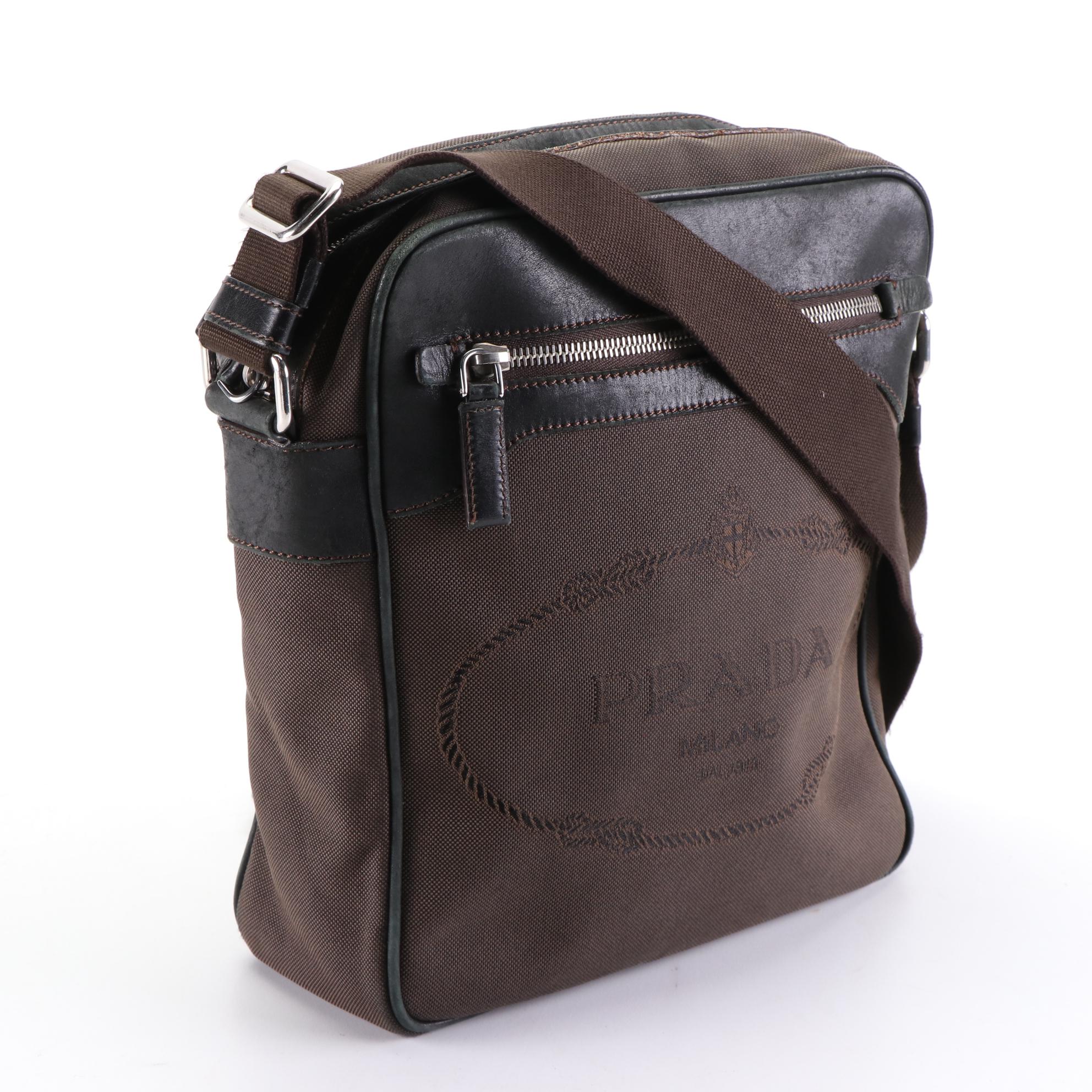 Prada Logo Jacquard Crossbody Bag in Brown Canvas and Leather Trim