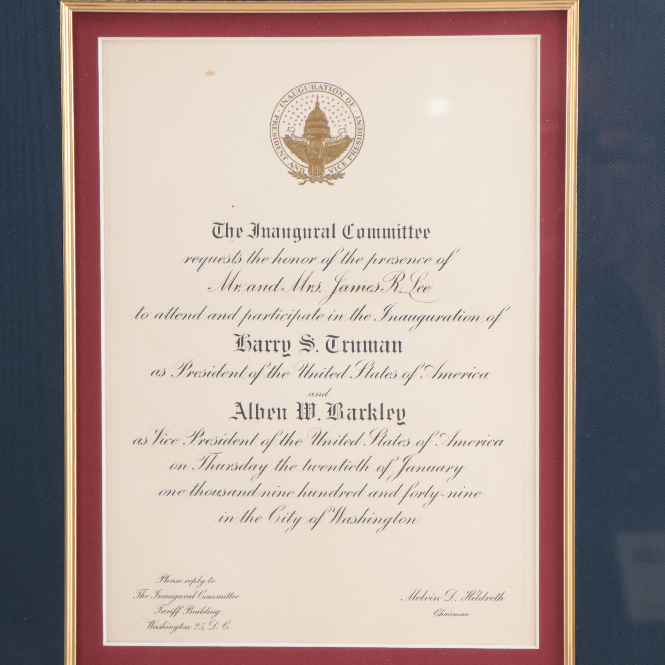 Presidential Inauguration Invitations for Harry S Truman and Dwight D Eisenhower