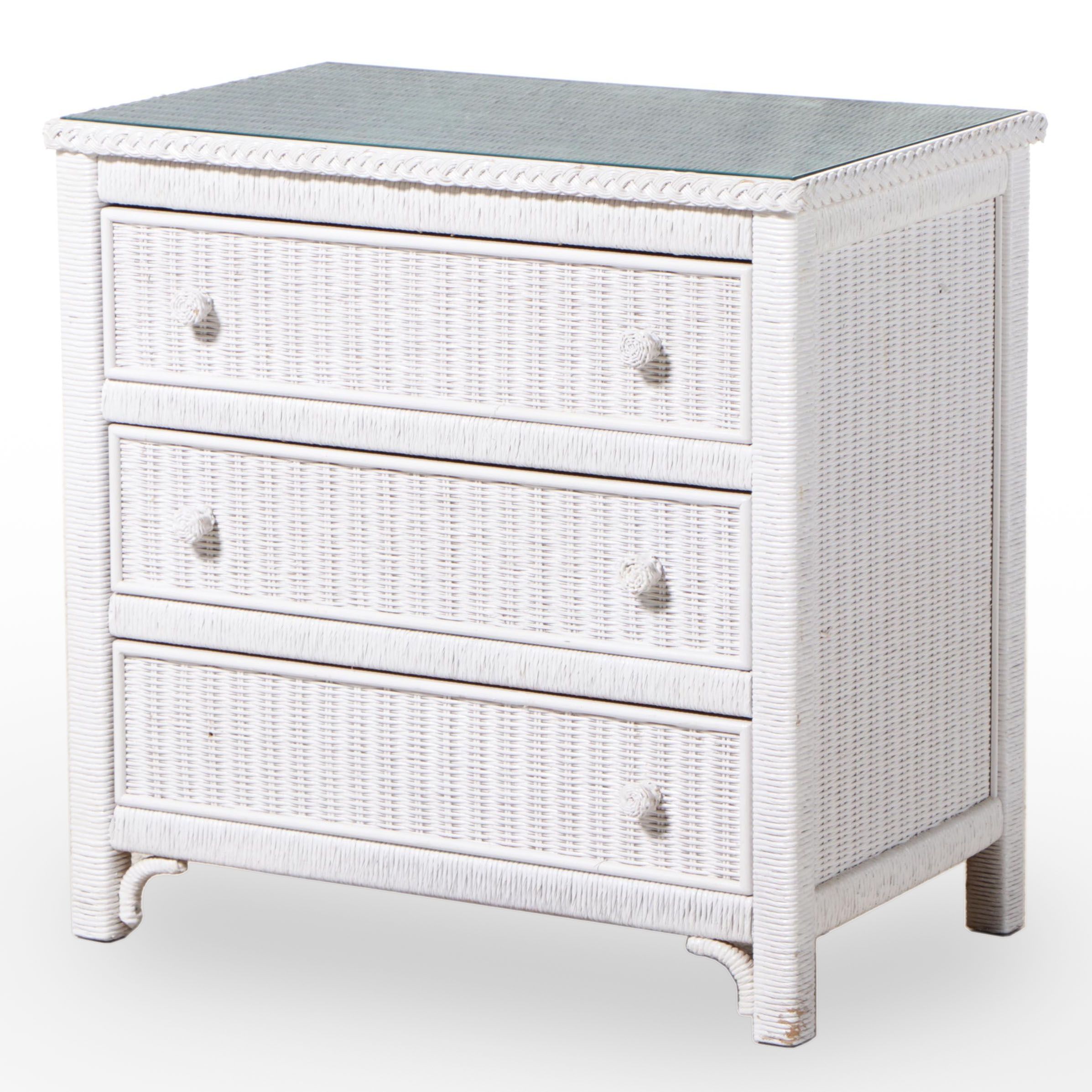 White-Painted Wicker Three-Drawer Bedside Chest, Late 20th Century