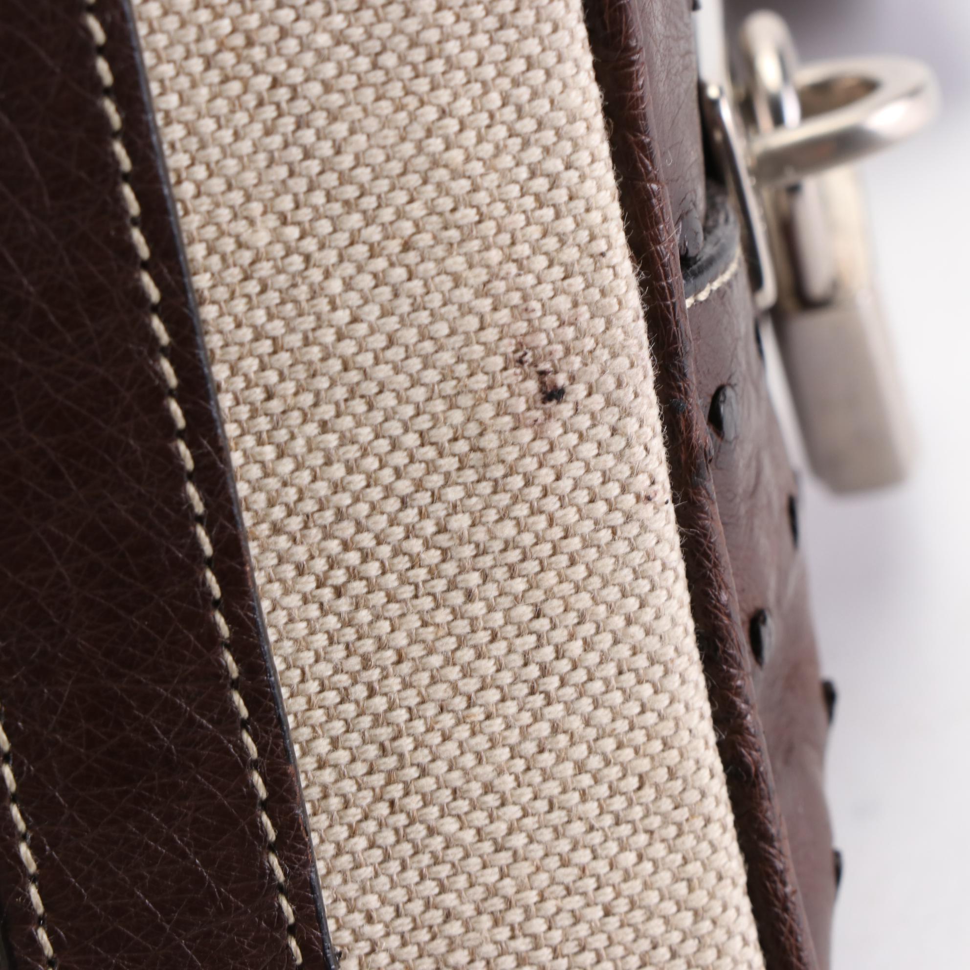 Prada Canapa Domed Handbag in Canvas with Ostrich Leather Trim