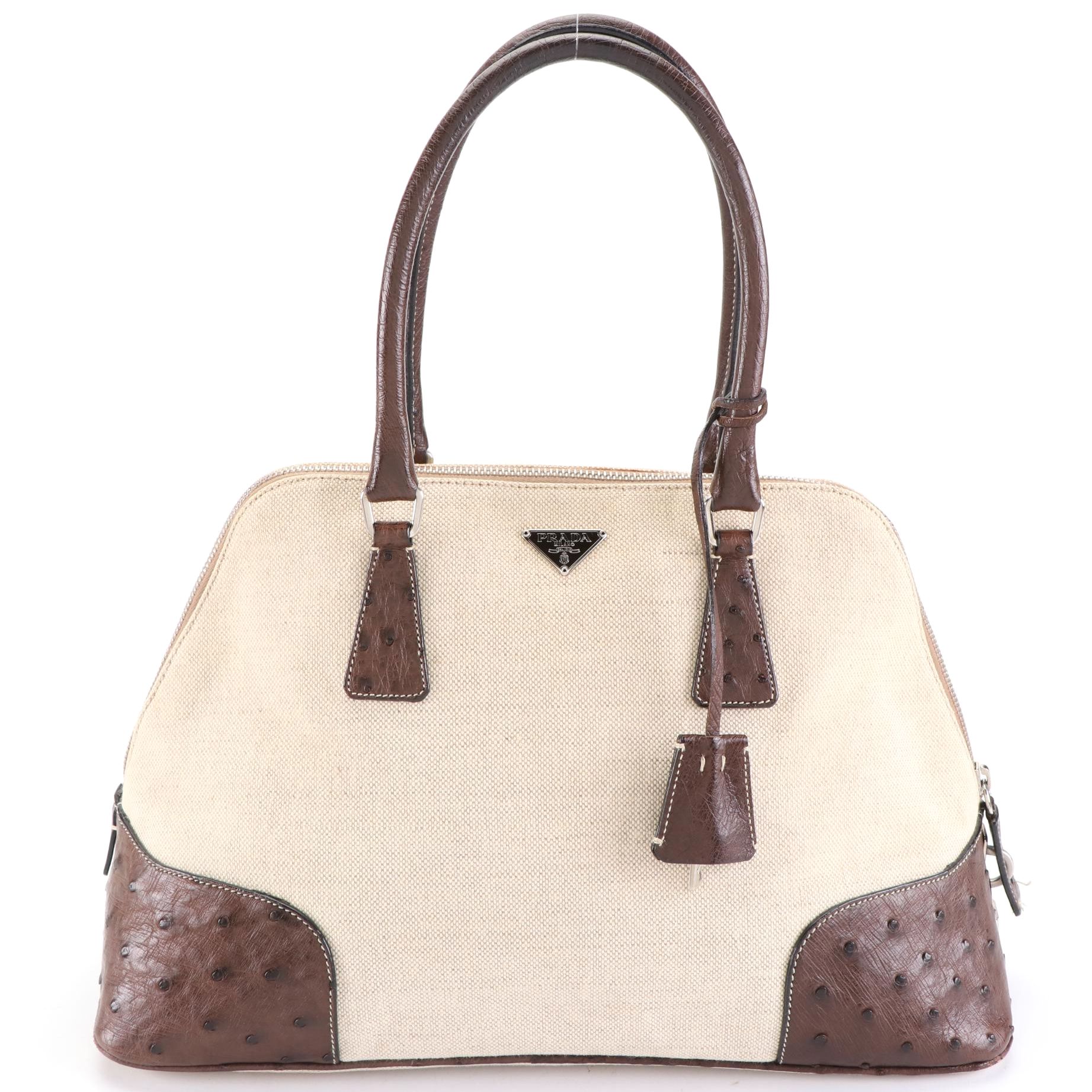 Prada Canapa Domed Handbag in Canvas with Ostrich Leather Trim