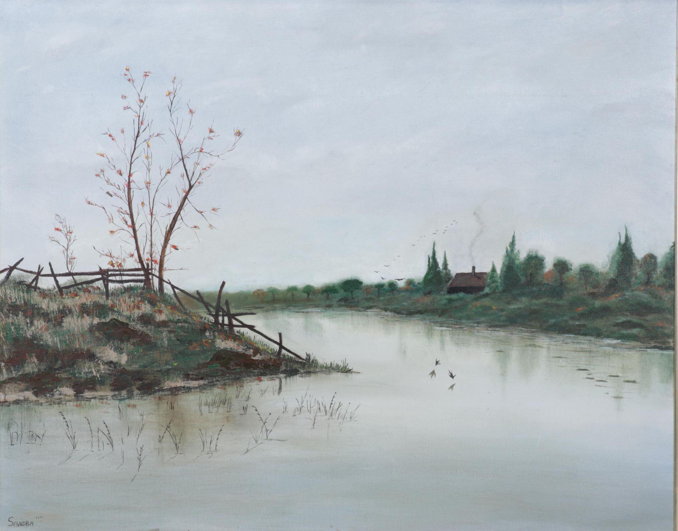 Flooded Pasture Landscape Oil Painting, 1984