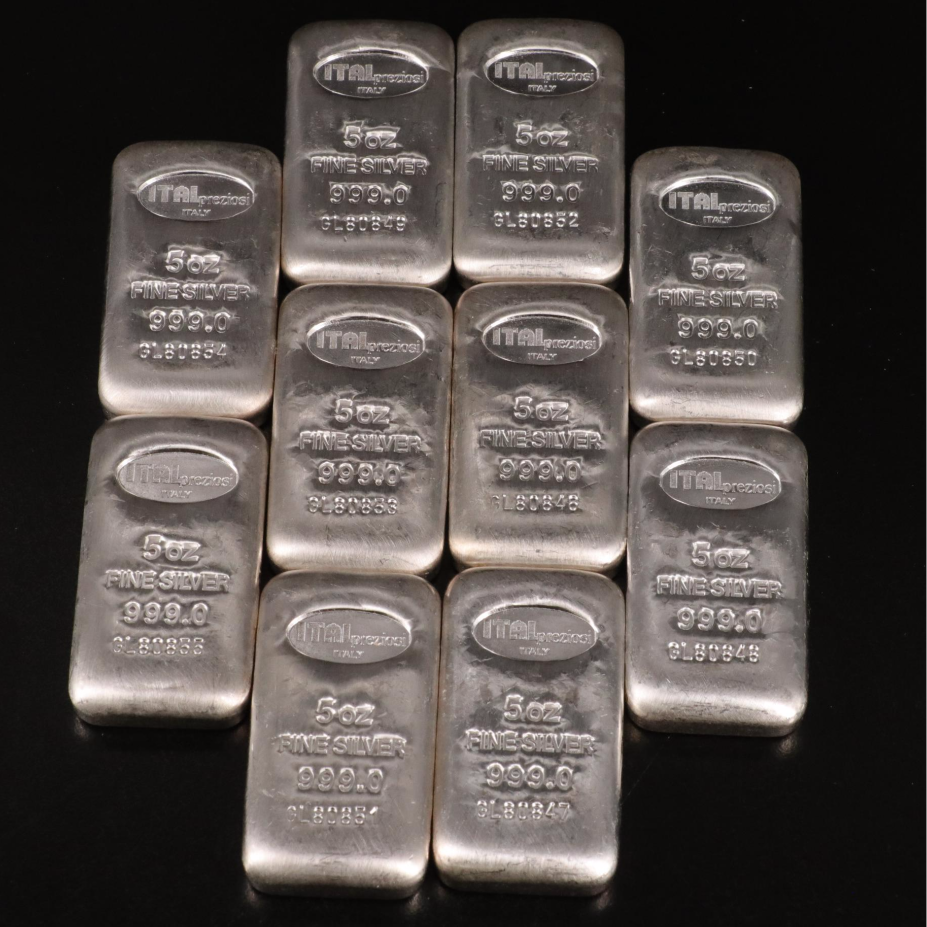 Group of Ten Five Ounce Silver Bars