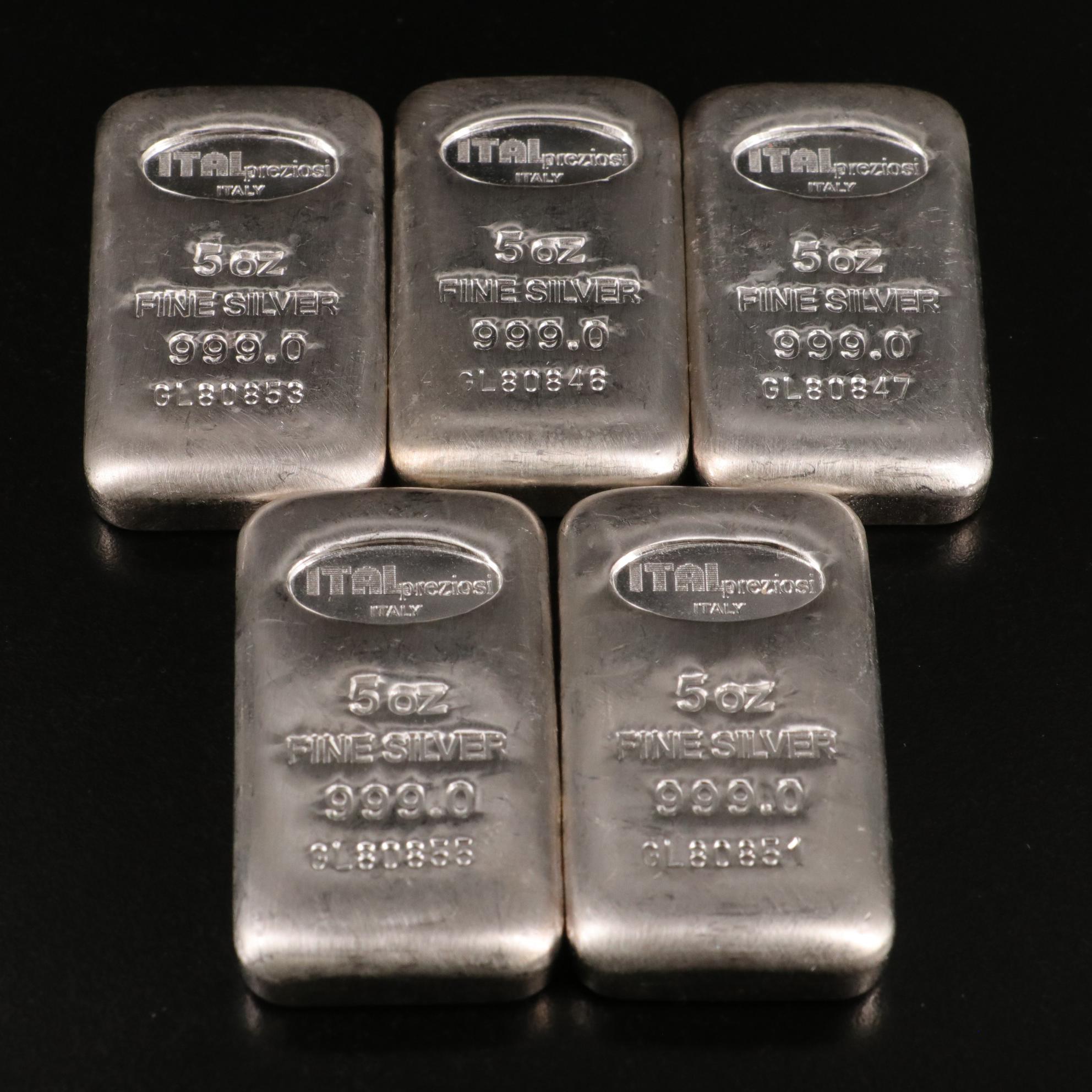Group of Ten Five Ounce Silver Bars