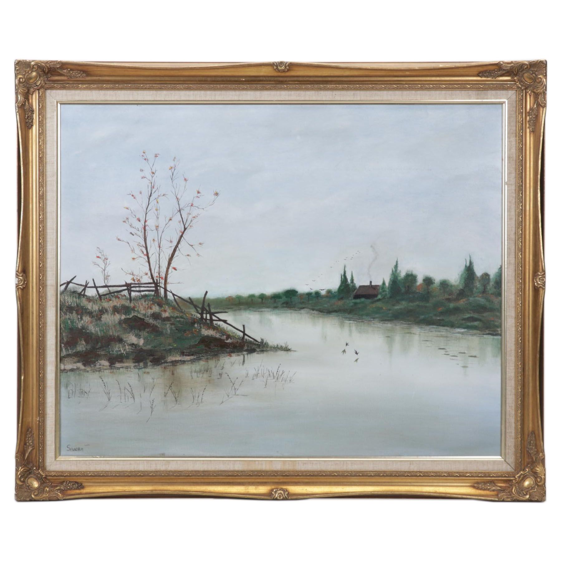 Flooded Pasture Landscape Oil Painting, 1984