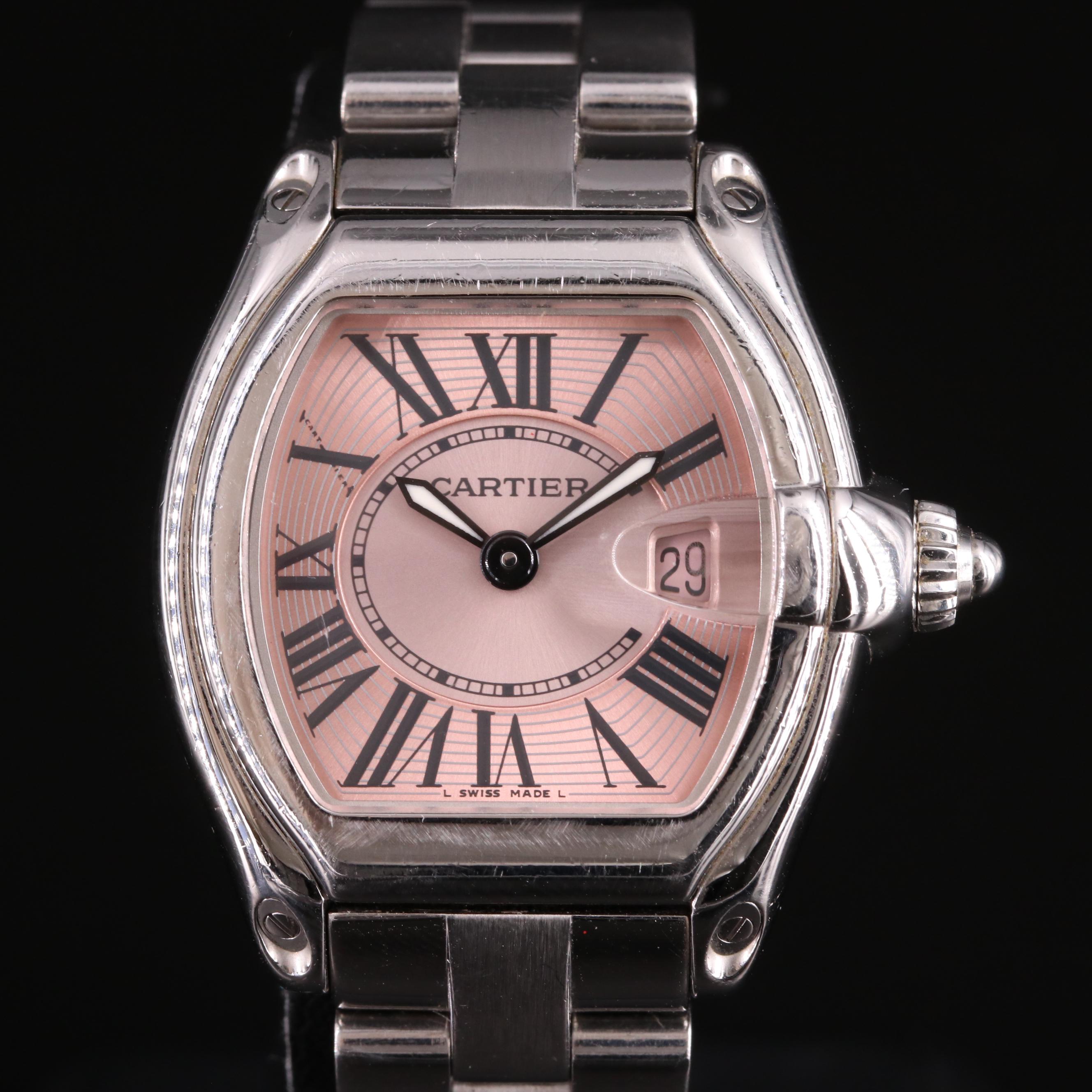 Cartier Roadster Pink Dial Stainless Steel Watch
