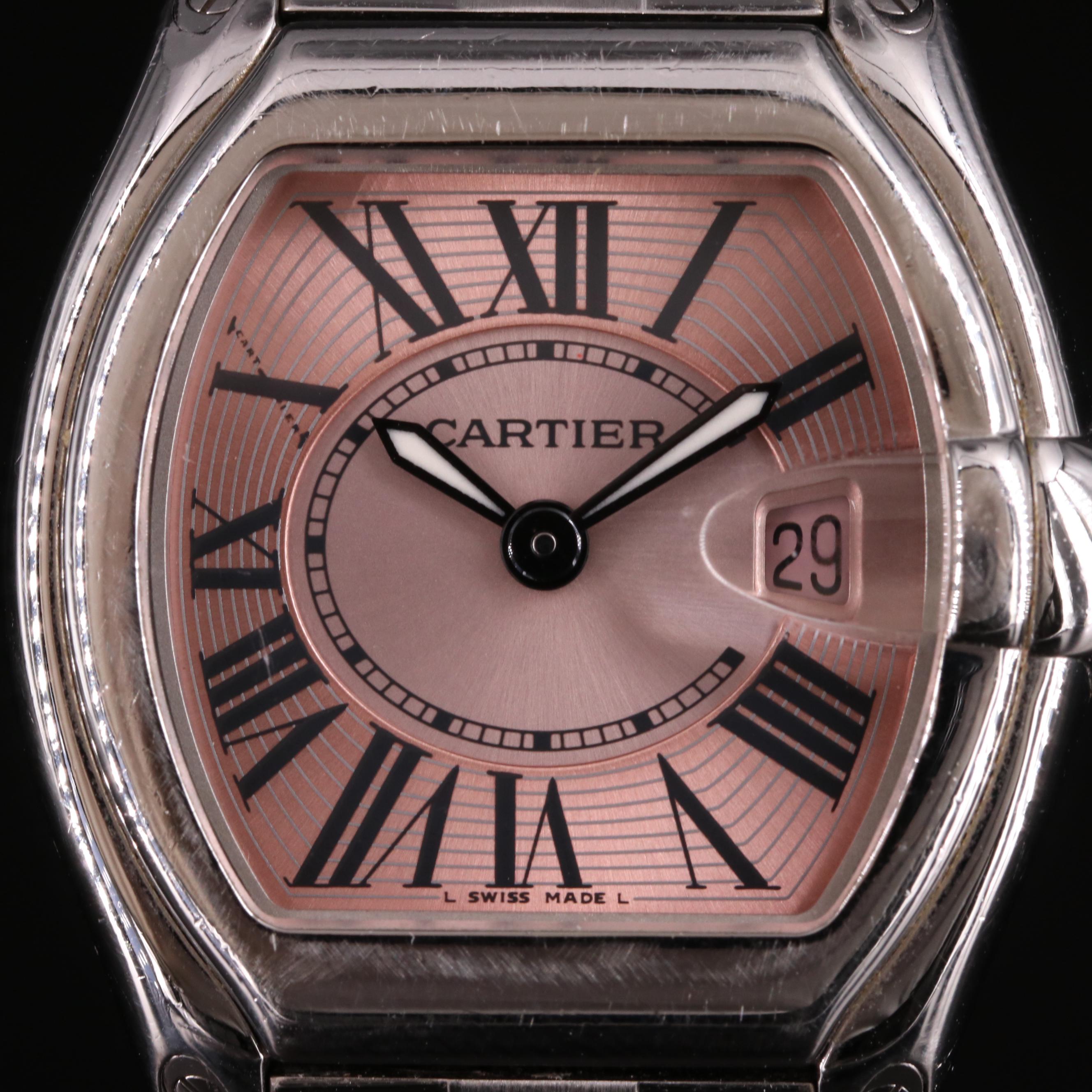 Cartier Roadster Pink Dial Stainless Steel Watch