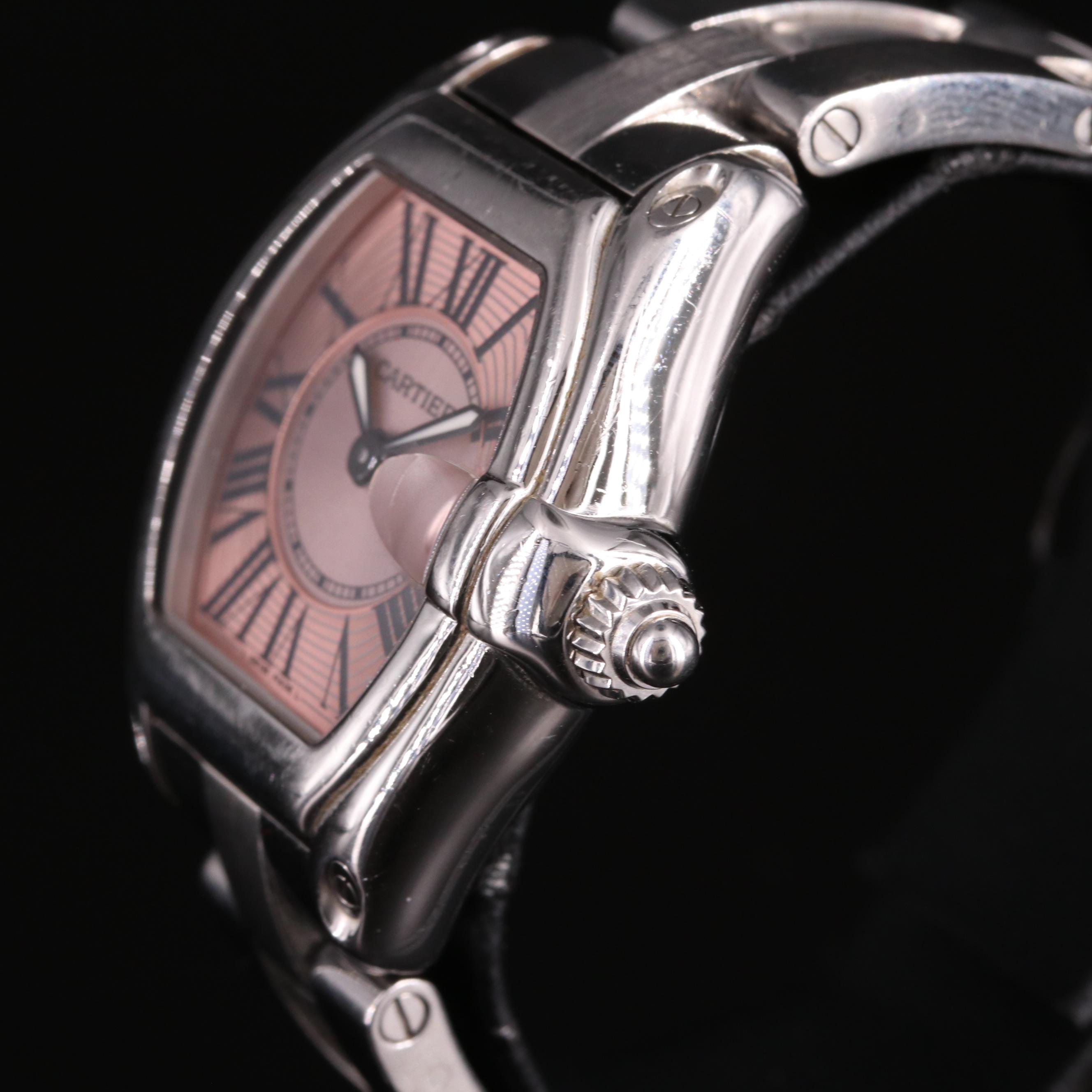 Cartier Roadster Pink Dial Stainless Steel Watch