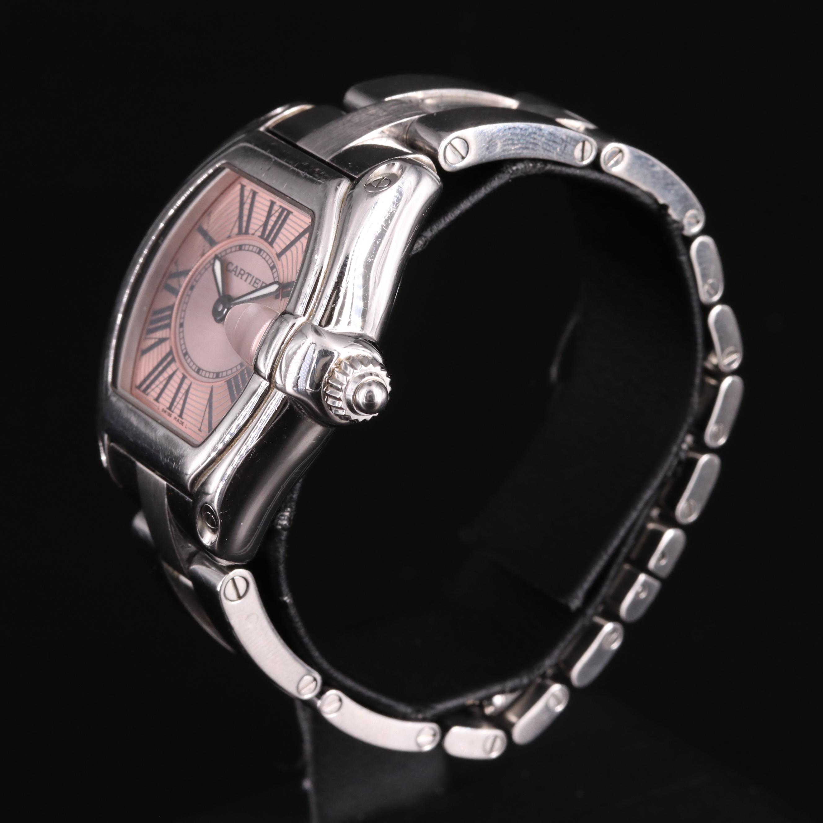 Cartier Roadster Pink Dial Stainless Steel Watch