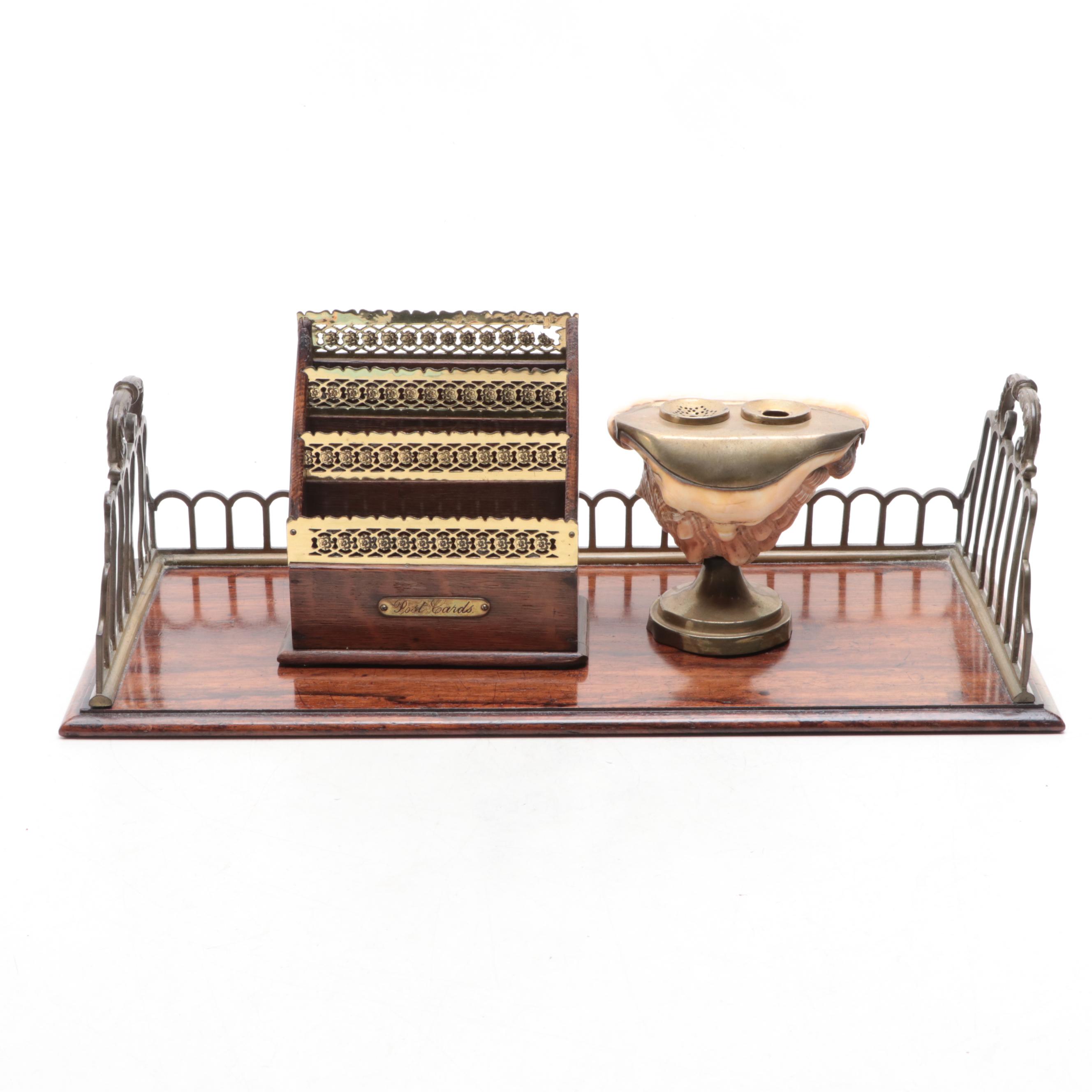 Brass and Wood Desk Tray, Postcard Organizer and Helmet Shell Inkwell