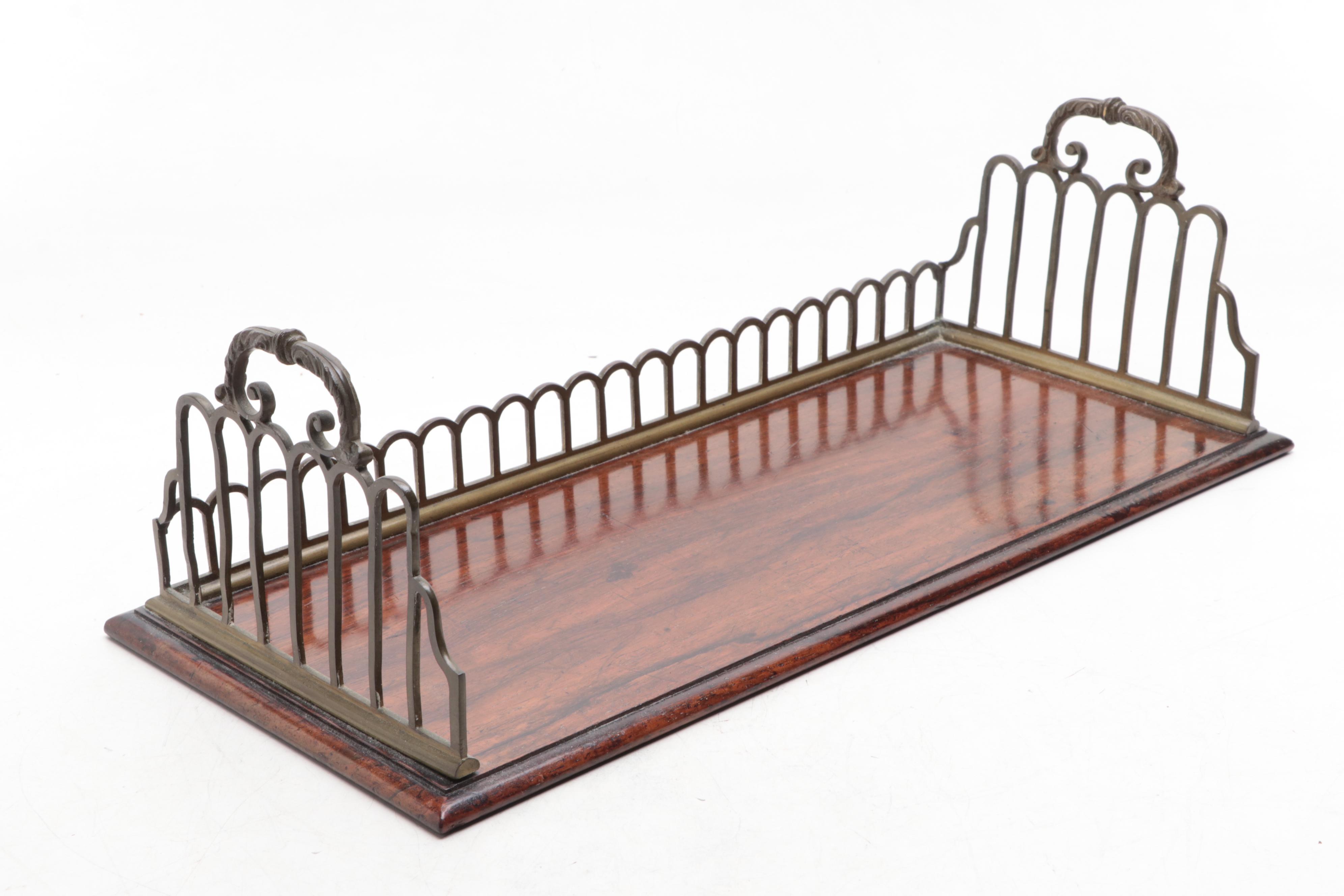 Brass and Wood Desk Tray, Postcard Organizer and Helmet Shell Inkwell