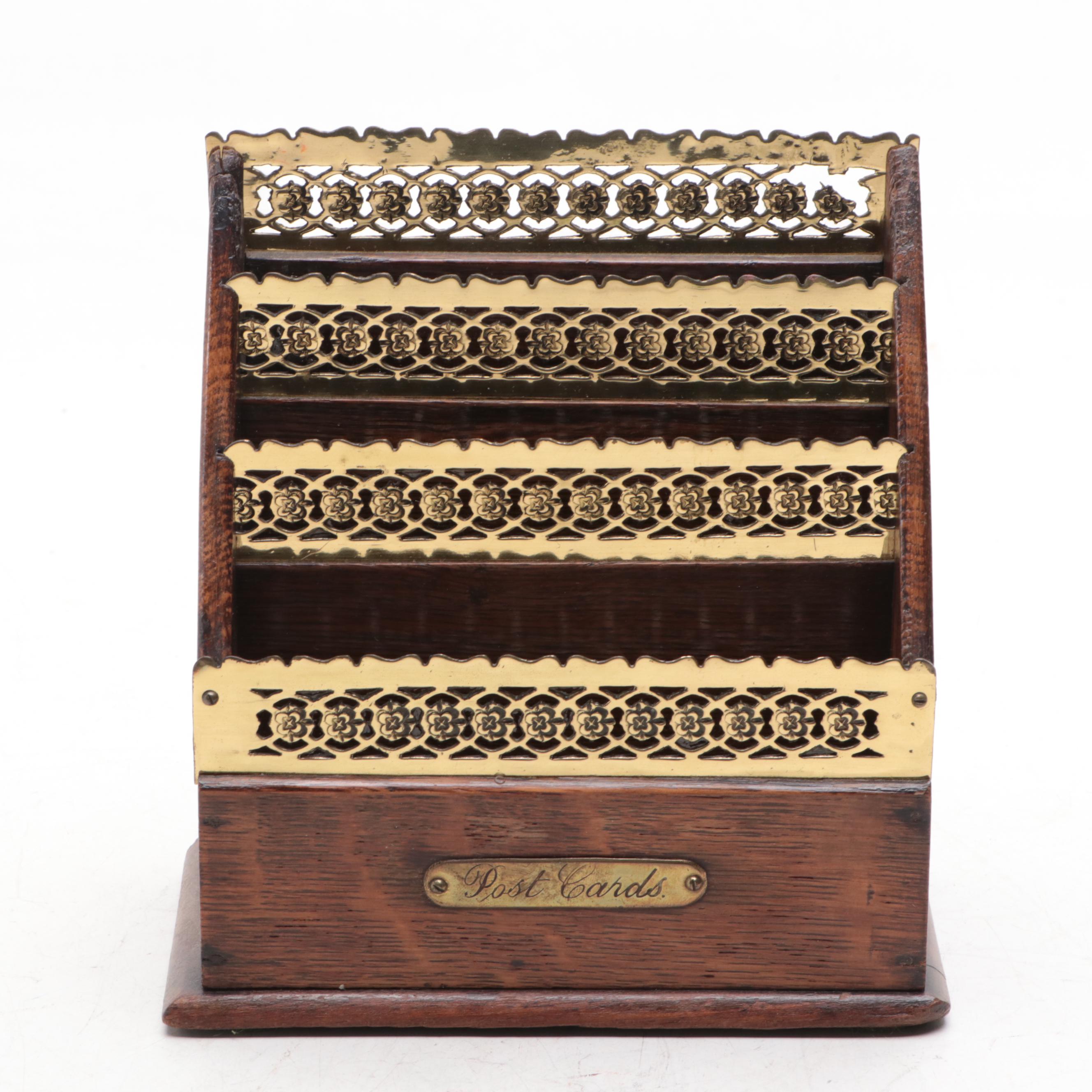 Brass and Wood Desk Tray, Postcard Organizer and Helmet Shell Inkwell