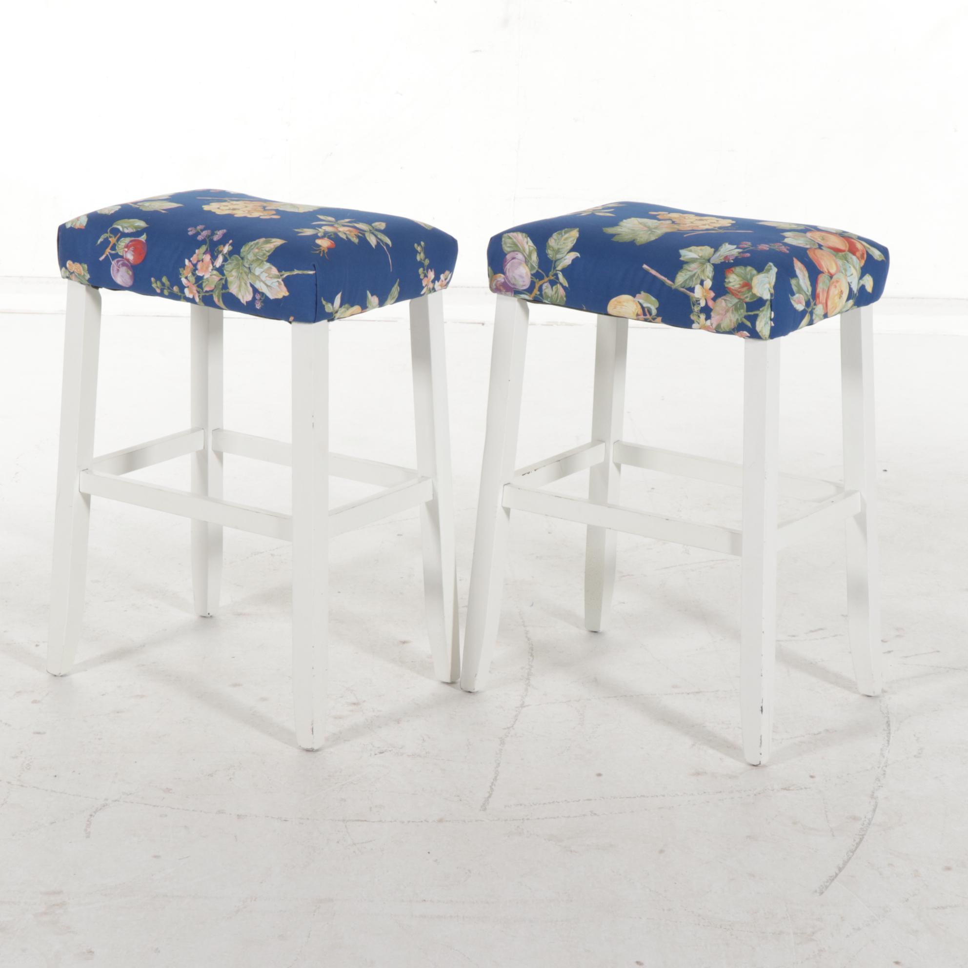 Pair of Painted Wood Bar Stools with Upholstered Seats