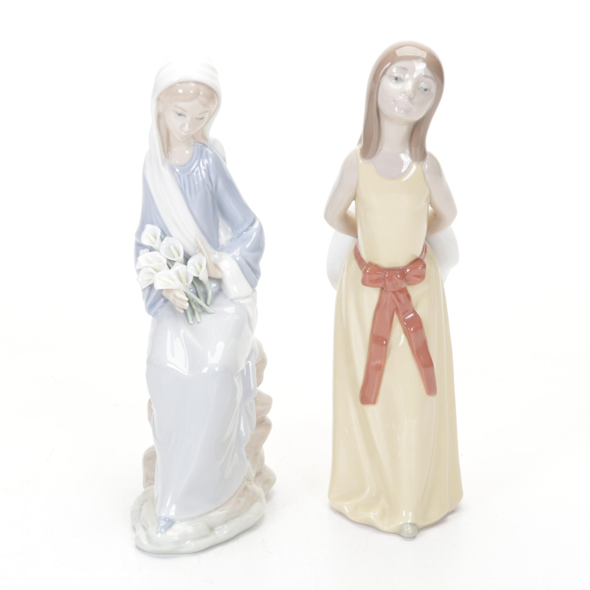 Lladro "Girl with Lilies", "Shepherdess", "Naughty Girl" & "Girl with Milk Pail"