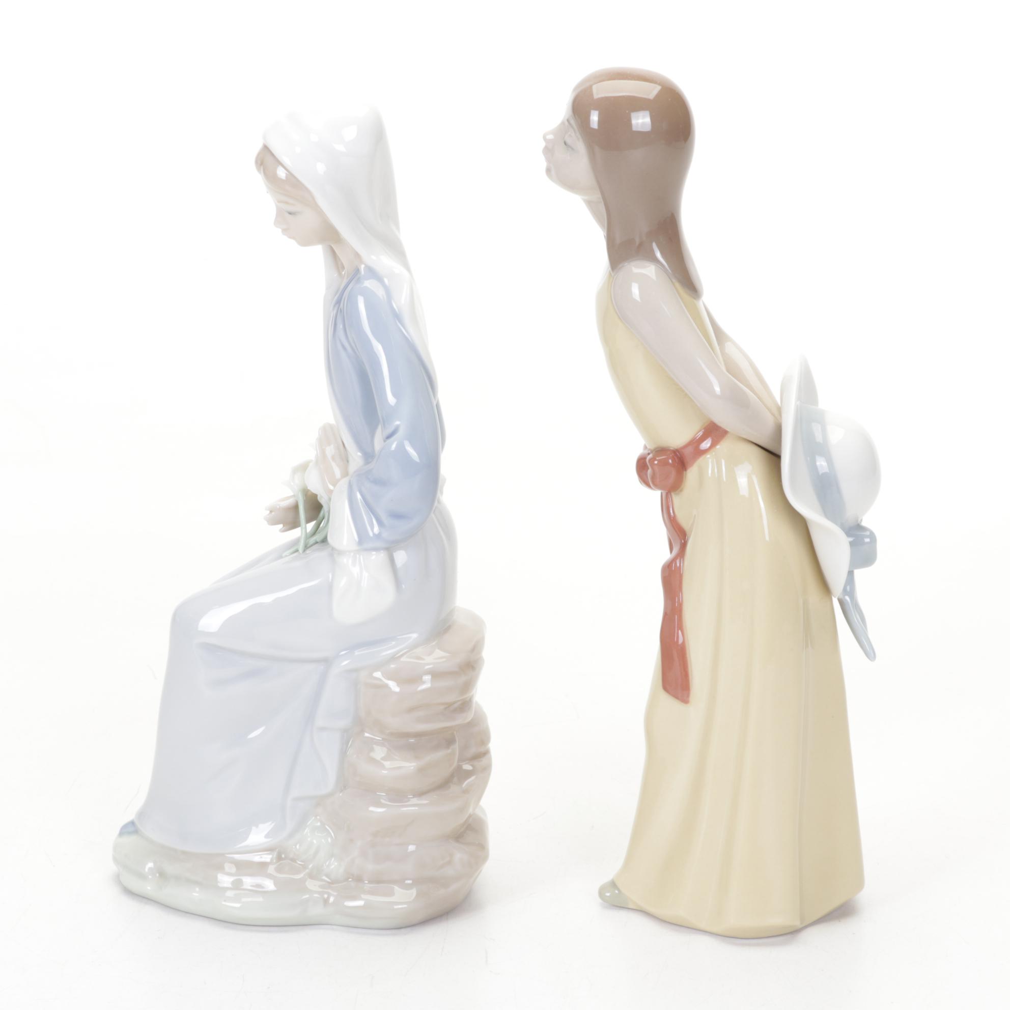 Lladro "Girl with Lilies", "Shepherdess", "Naughty Girl" & "Girl with Milk Pail"