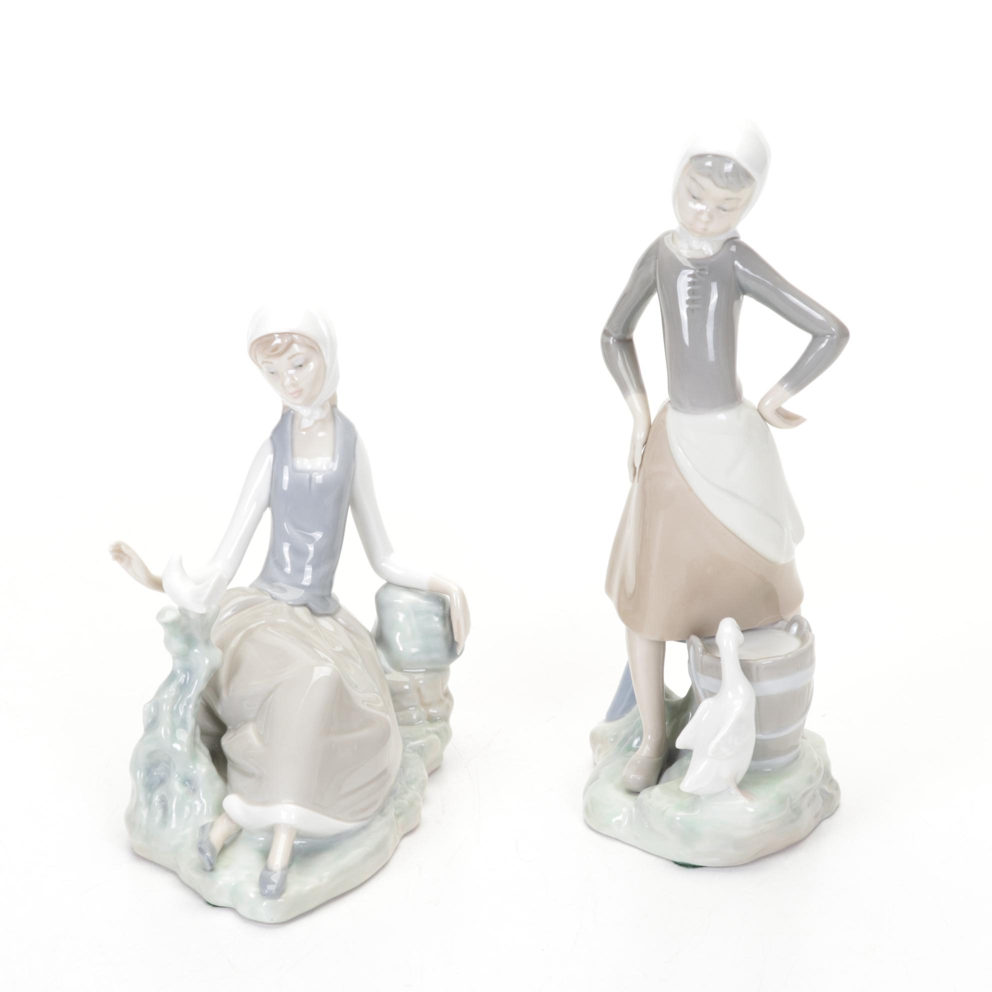 Lladro "Girl with Lilies", "Shepherdess", "Naughty Girl" & "Girl with Milk Pail"