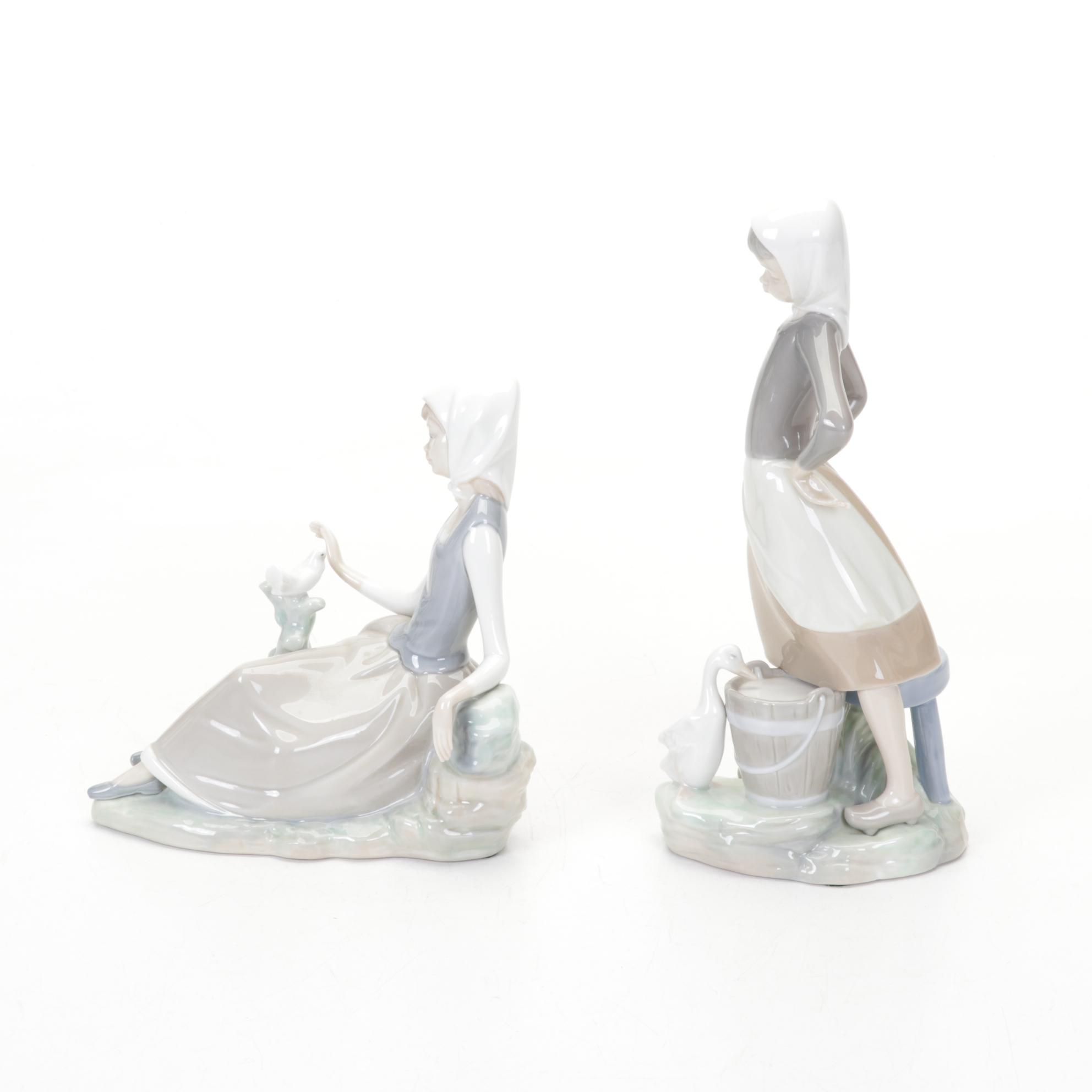 Lladro "Girl with Lilies", "Shepherdess", "Naughty Girl" & "Girl with Milk Pail"