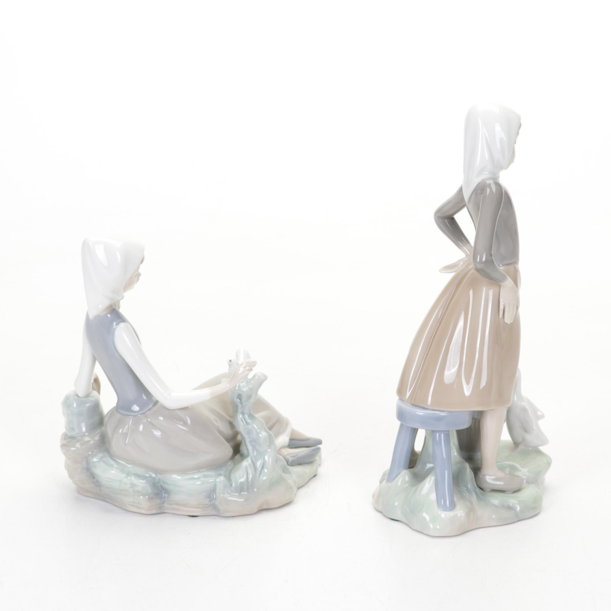 Lladro "Girl with Lilies", "Shepherdess", "Naughty Girl" & "Girl with Milk Pail"