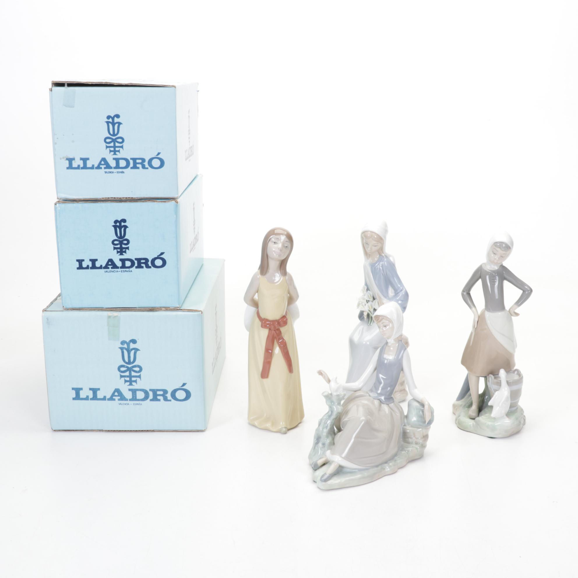 Lladro "Girl with Lilies", "Shepherdess", "Naughty Girl" & "Girl with Milk Pail"