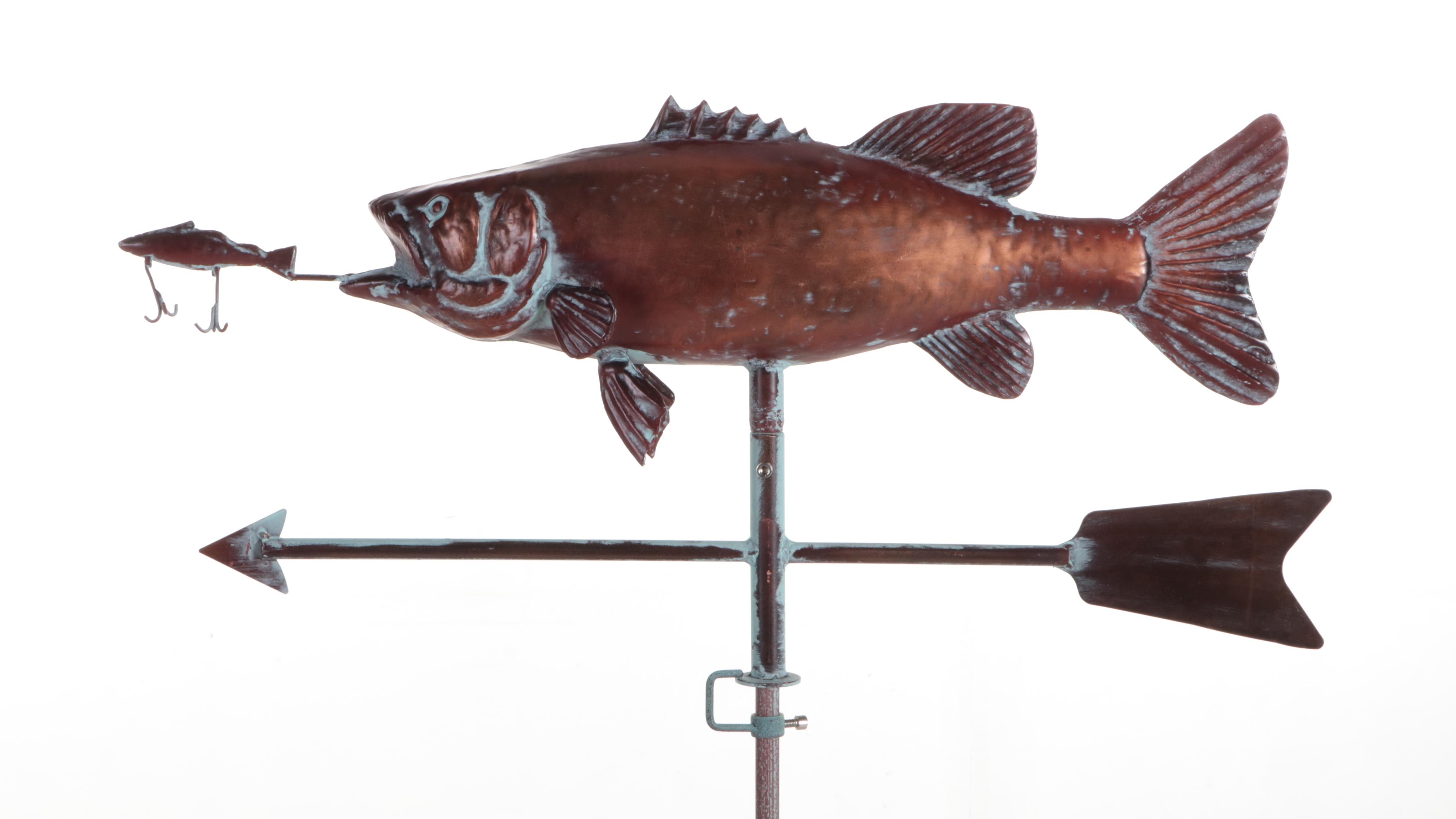 Copper Bass Fishing Weather Vane With Cardinal Points and Bracket