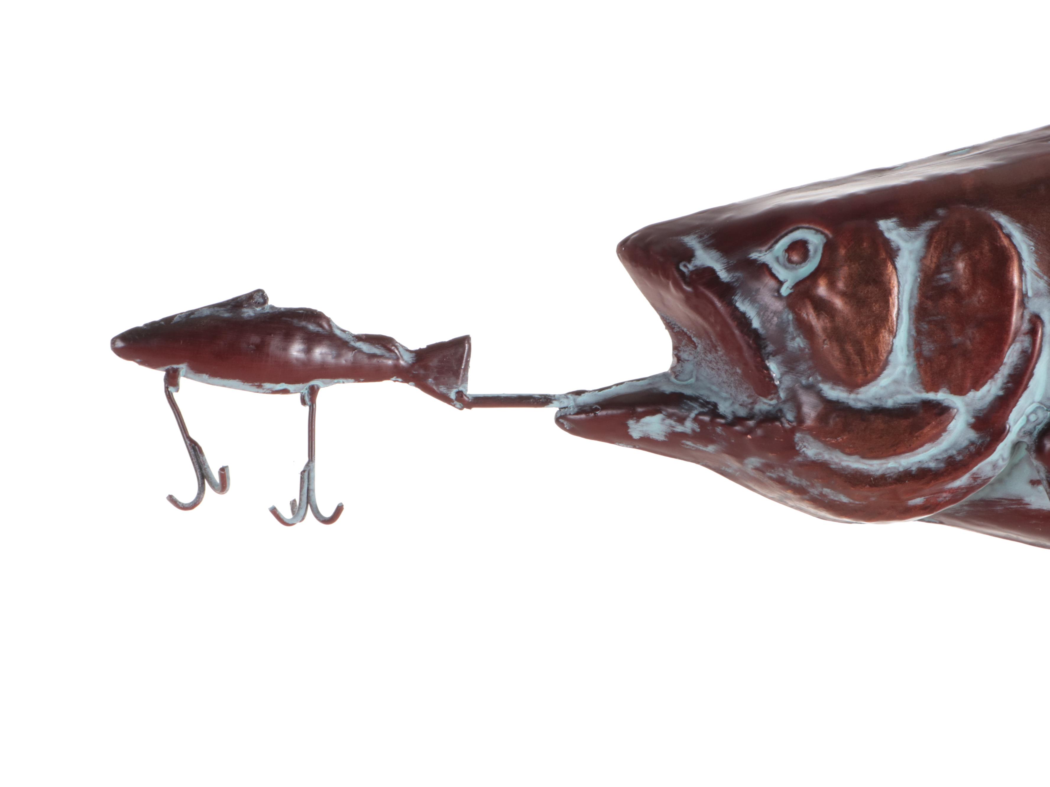 Copper Bass Fishing Weather Vane With Cardinal Points and Bracket