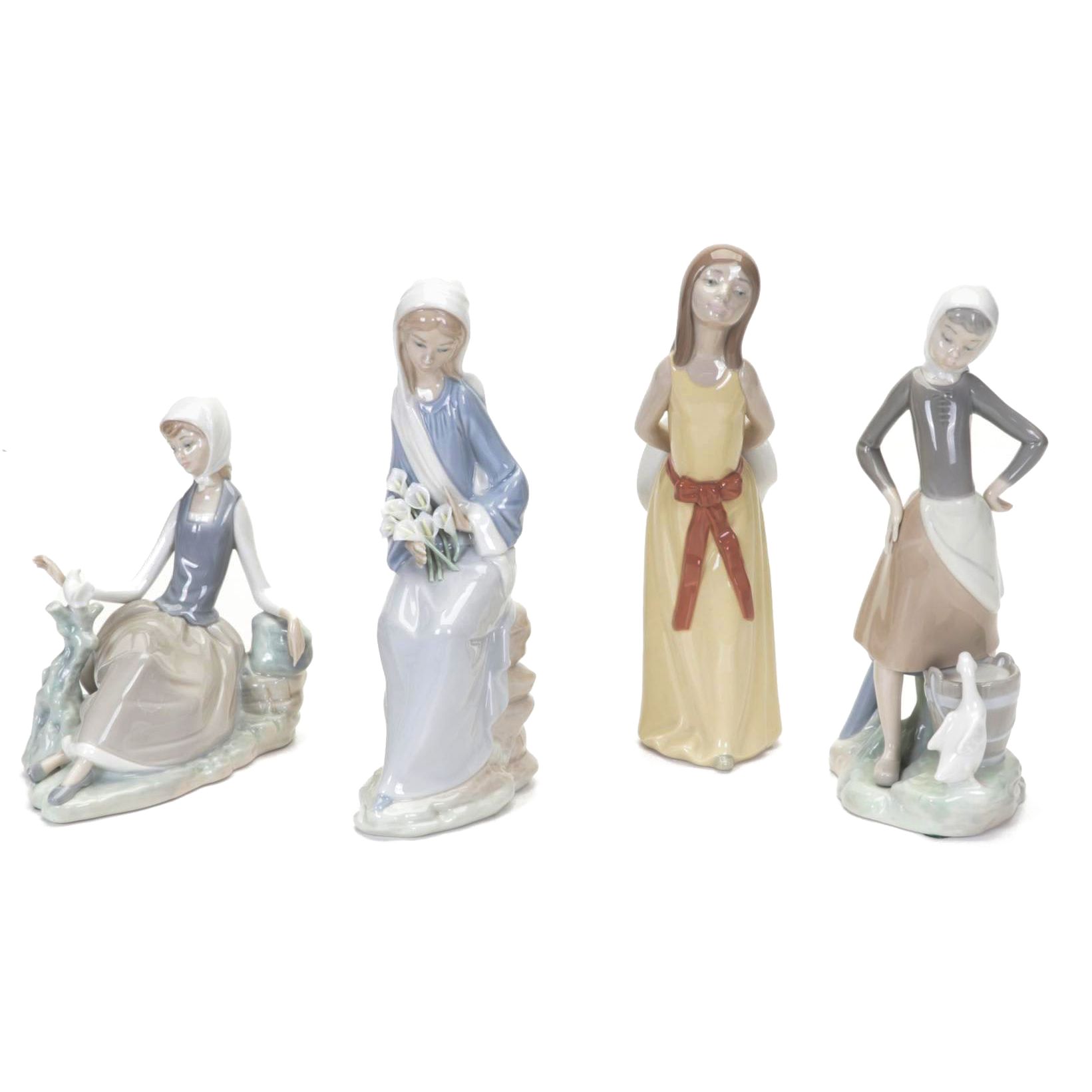 Lladro "Girl with Lilies", "Shepherdess", "Naughty Girl" & "Girl with Milk Pail"